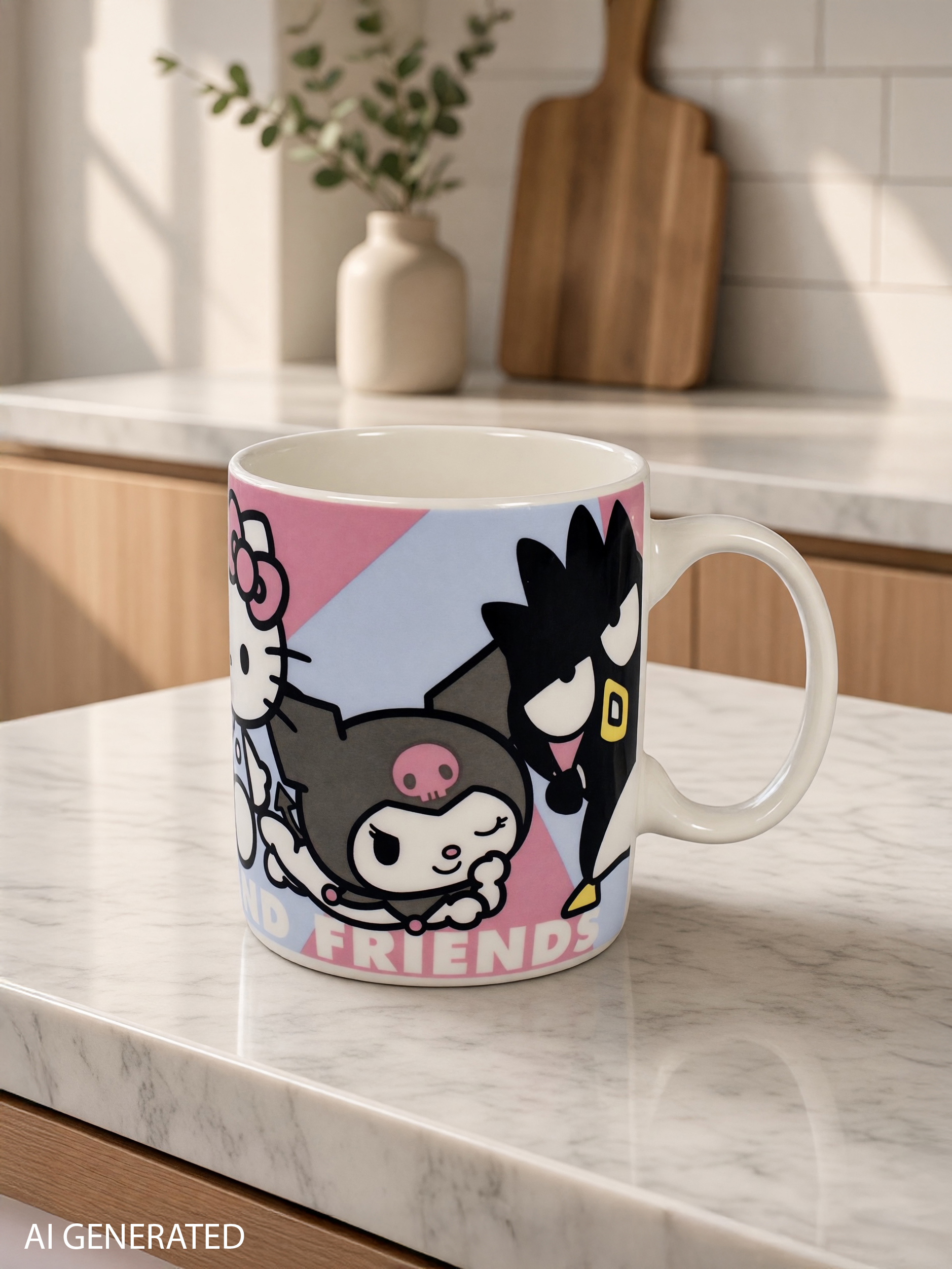 Eine weiße Tasse mit Hello Kitty Charakteren steht auf einer Marmorarbeitsplatte.