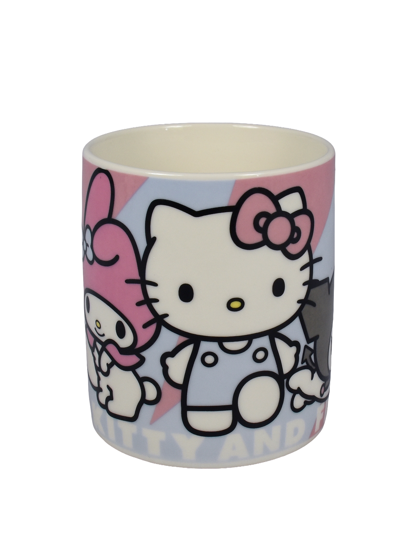 Eine weiße Keramiktasse mit Hello Kitty und My Melody im Cartoon-Stil auf rosa-blauem Hintergrund.