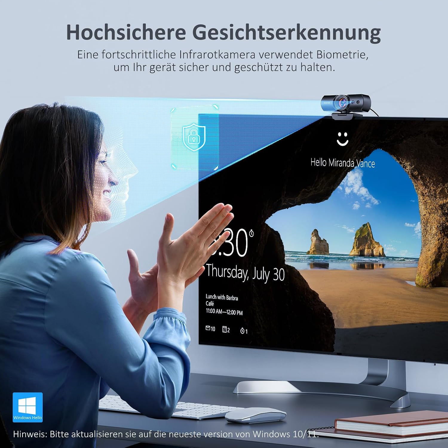 Eine Frau sitzt vor einem Monitor, während eine Webcam mit Gesichtserkennung ihr Gesicht scannt.