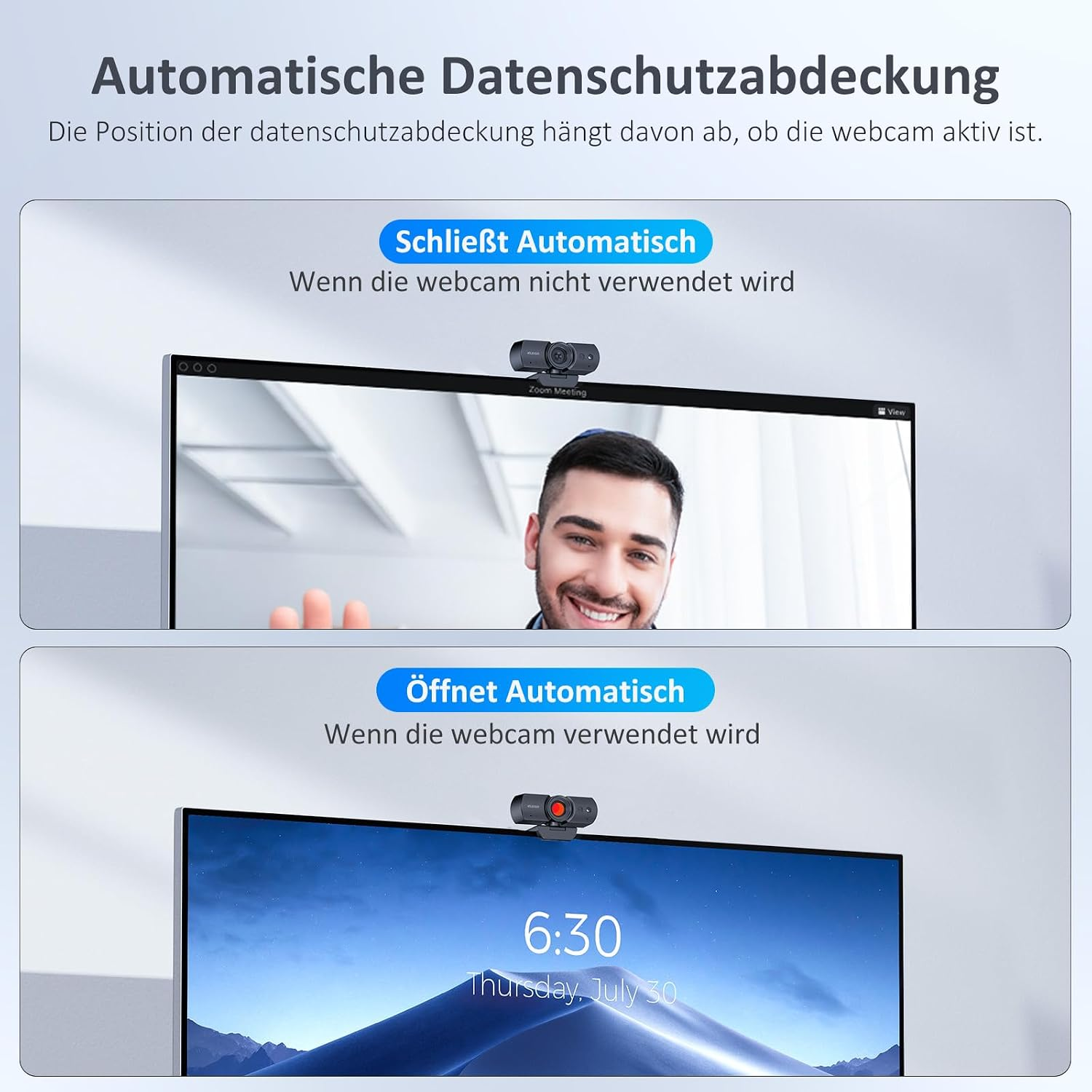 Webcam mit automatischer Datenschutzabdeckung, die sich je nach Kameranutzung öffnet oder schließt.