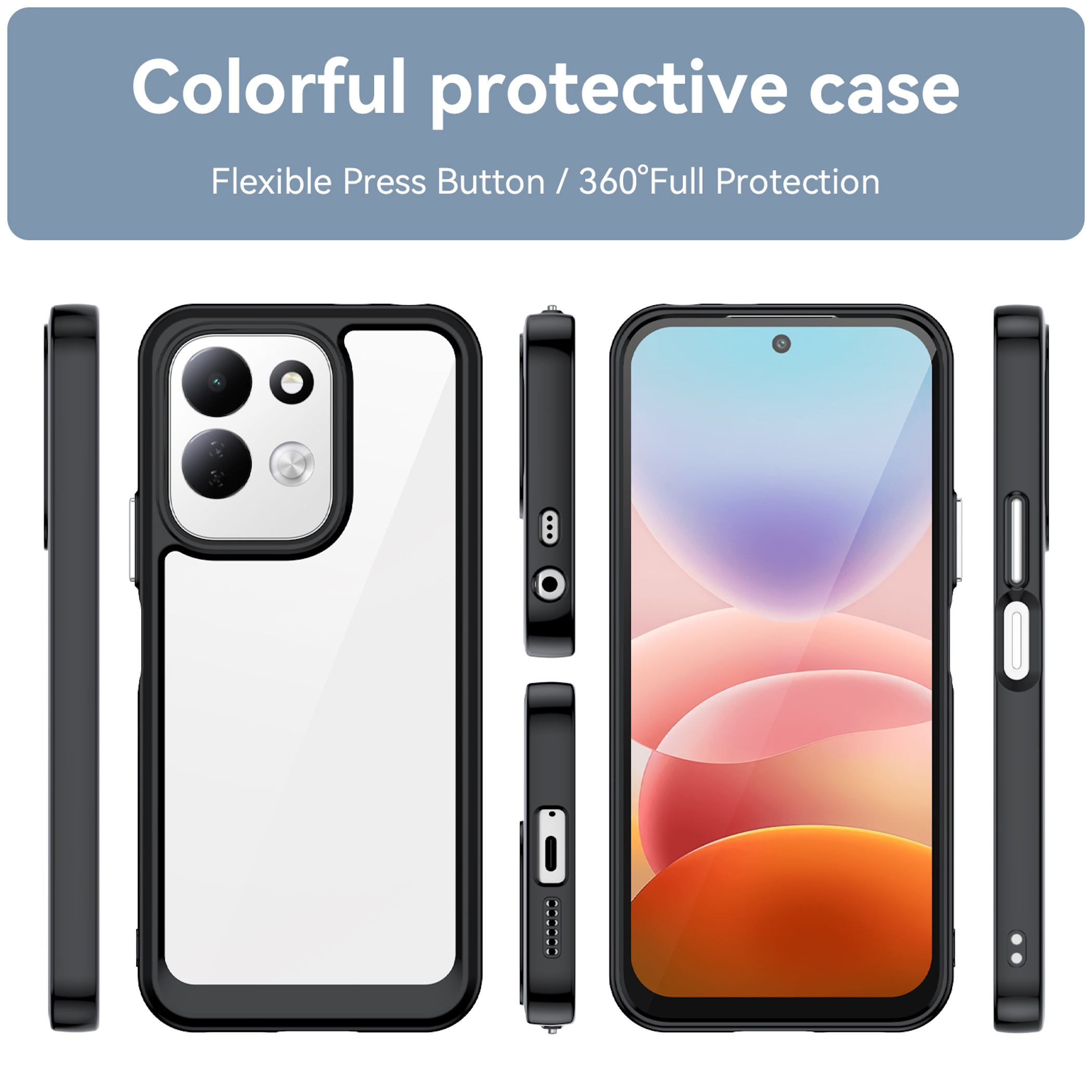 Schwarze Schutzhülle mit verschiedenen Ansichten eines Smartphones mit Kameras und bunten Display.