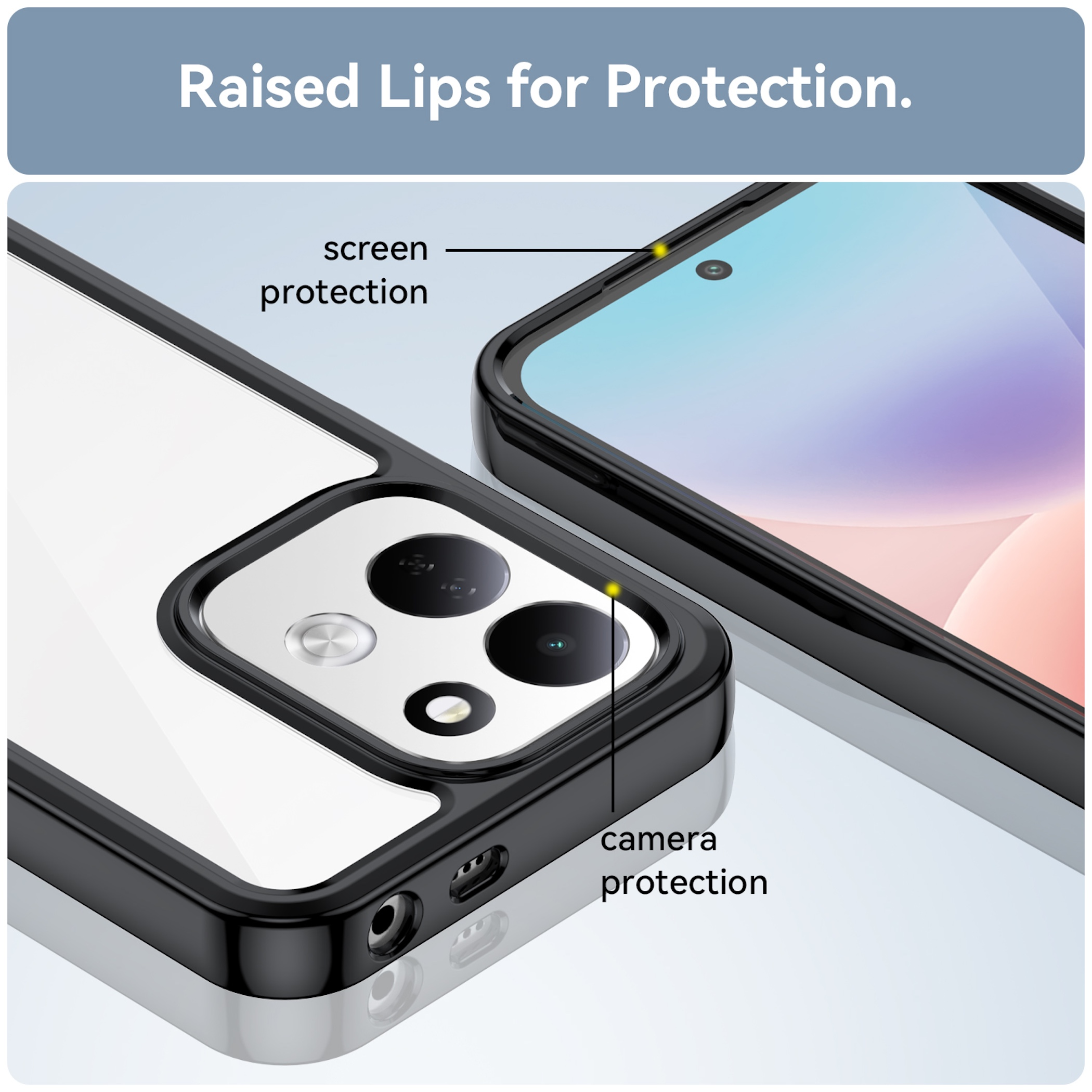 Smartphone in einem schwarzen Etui mit erhöhtem Rand zum Schutz von Bildschirm und Kamera.