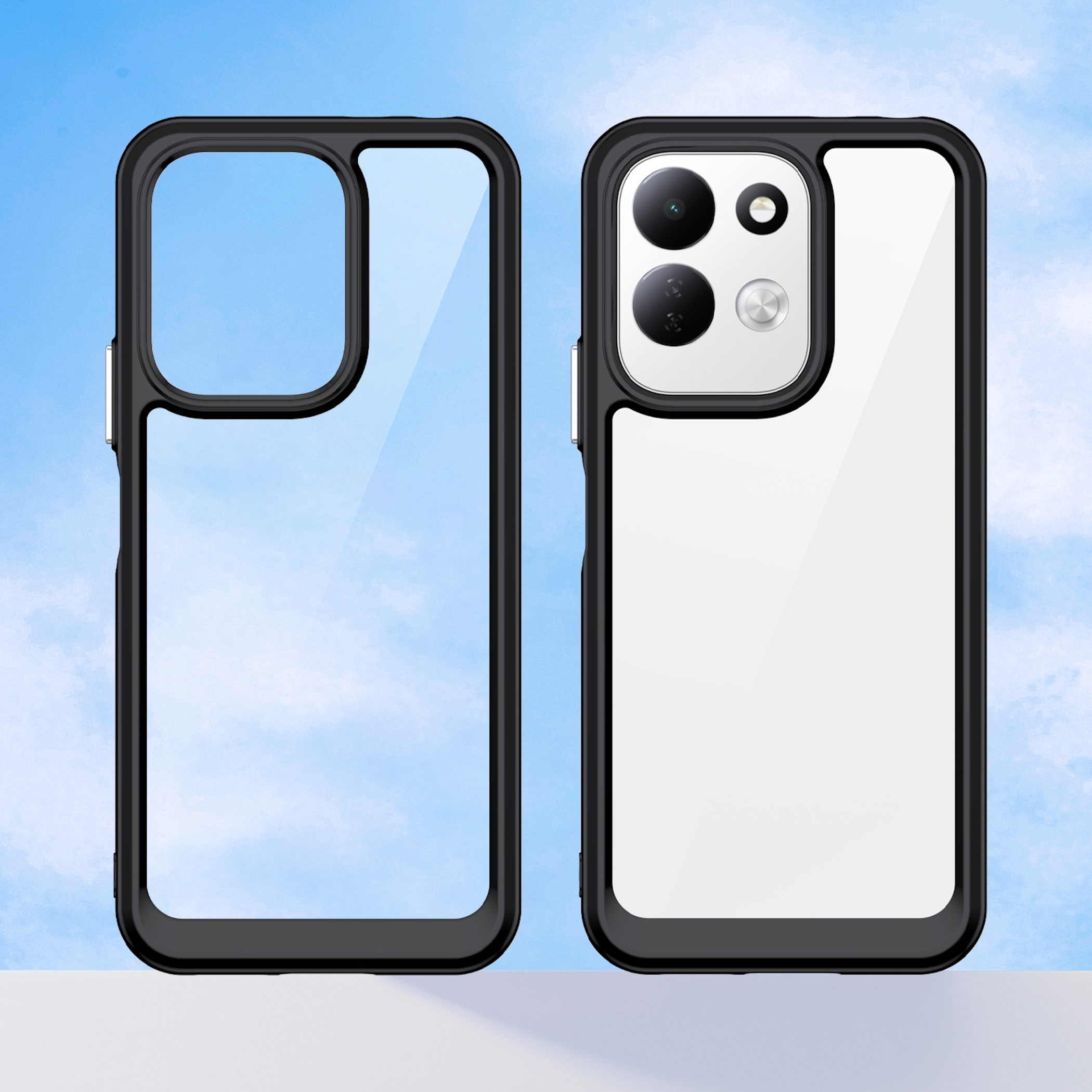Zwei schwarze Handyhüllen mit transparenter Rückseite vor blauem Himmel, eine mit eingesetztem Smartphone.