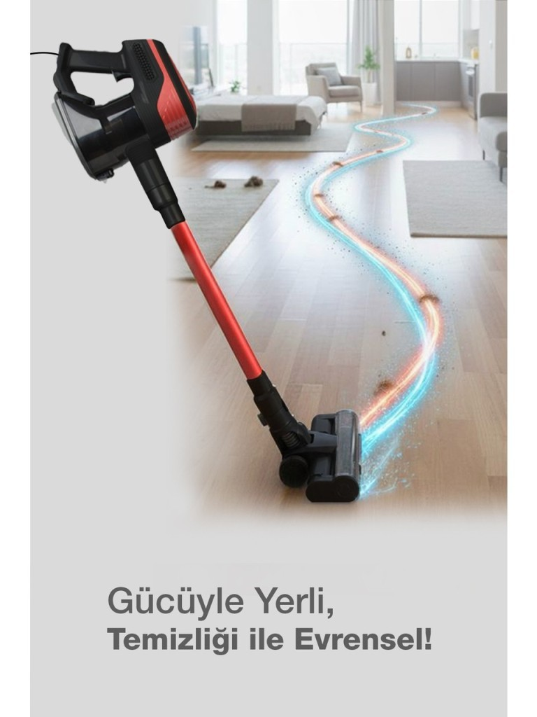 Kırmızı ve siyah bir elektrikli süpürge, evdeki ahşap zemindeki kiri temizliyor.