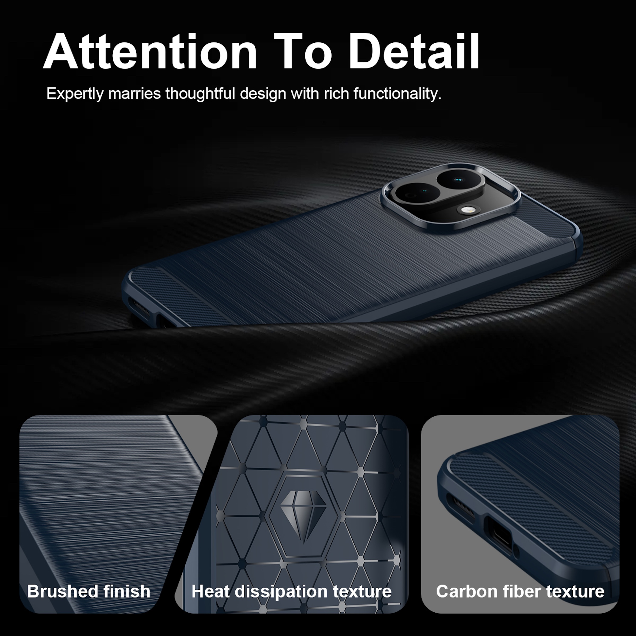 Blaue Smartphone-Hülle mit gebürstetem Finish, Kohlefaser und Textur zur Wärmeableitung.