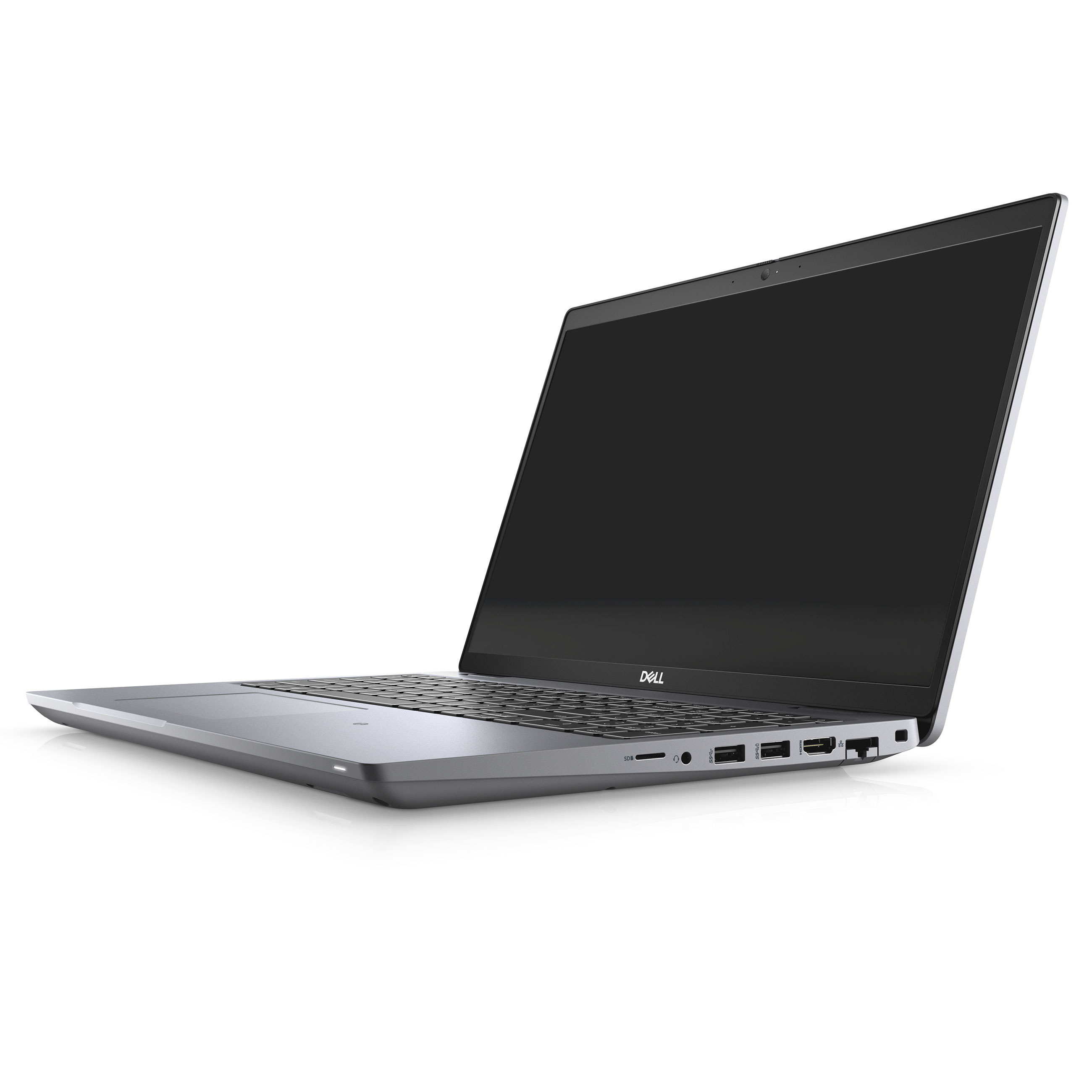 Ein silberner Dell-Laptop mit offenem Bildschirm und sichtbaren Anschlüssen an der Seite auf weißem Hintergrund.