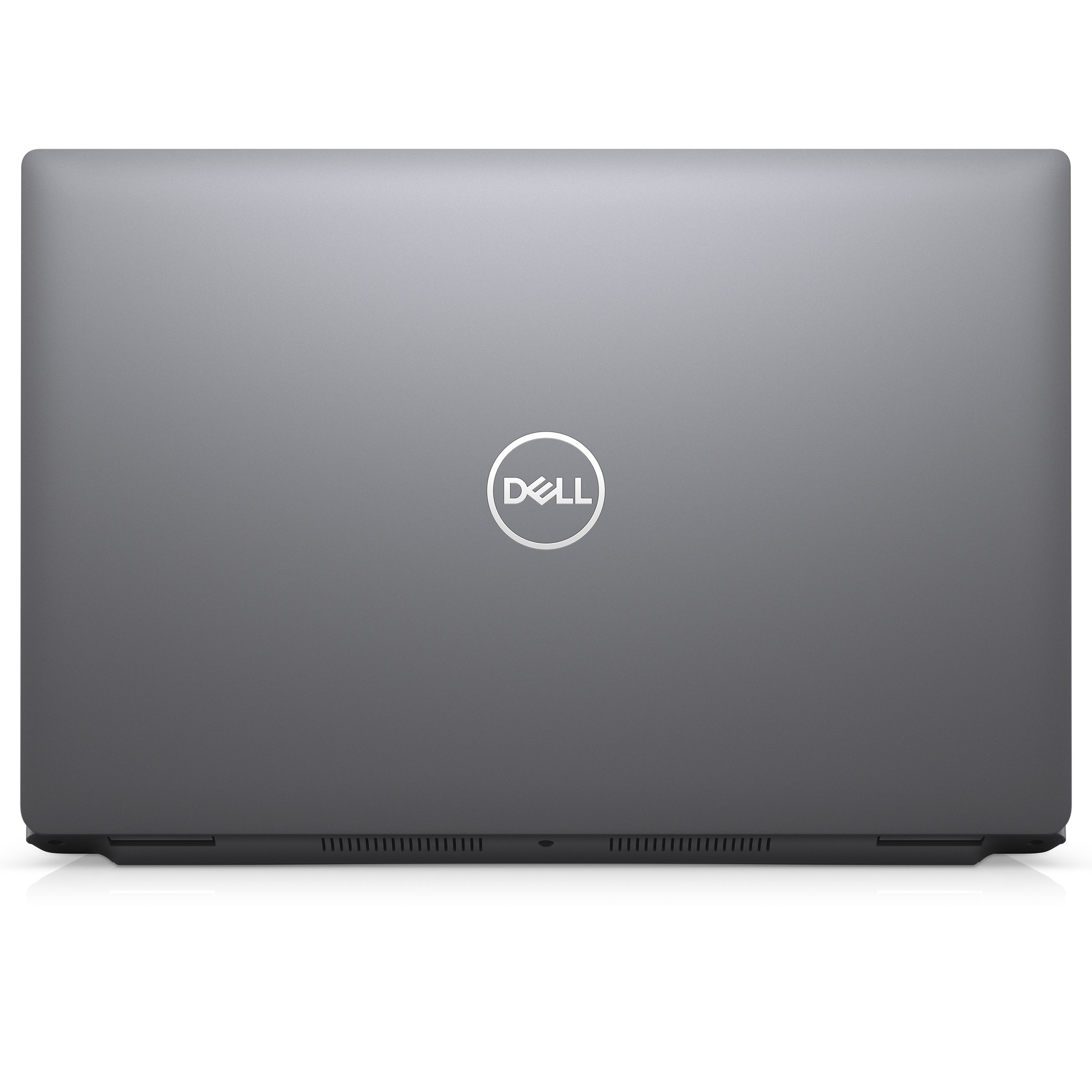 Die geschlossene graue Rückseite eines Dell-Laptops zeigt das weiße Dell-Logo in der Mitte auf einer ebenen Fläche.