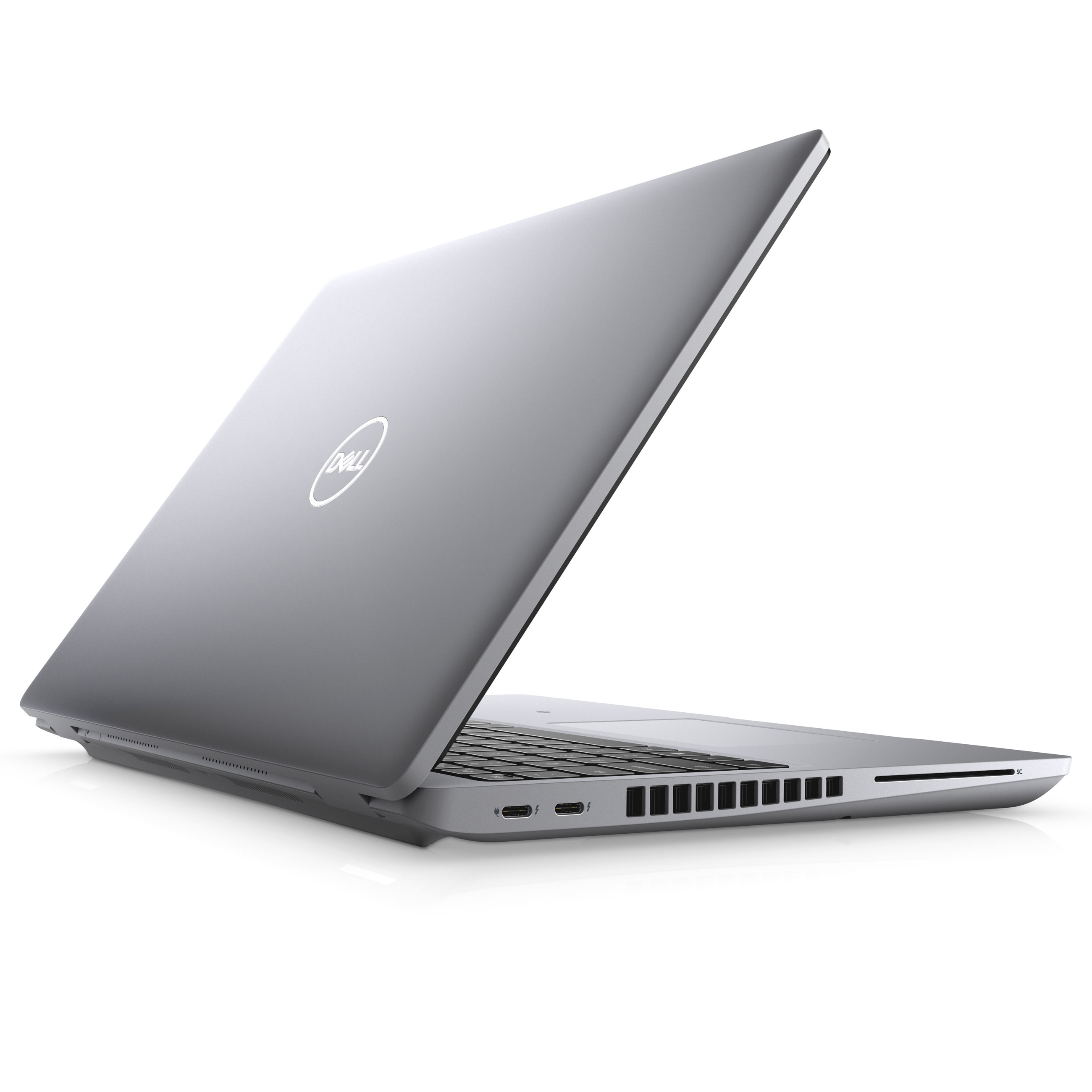 Ein silberner Dell-Laptop mit offenem Bildschirm, der auf einer weißen Oberfläche steht und Ports auf der rechten Seite zeigt.