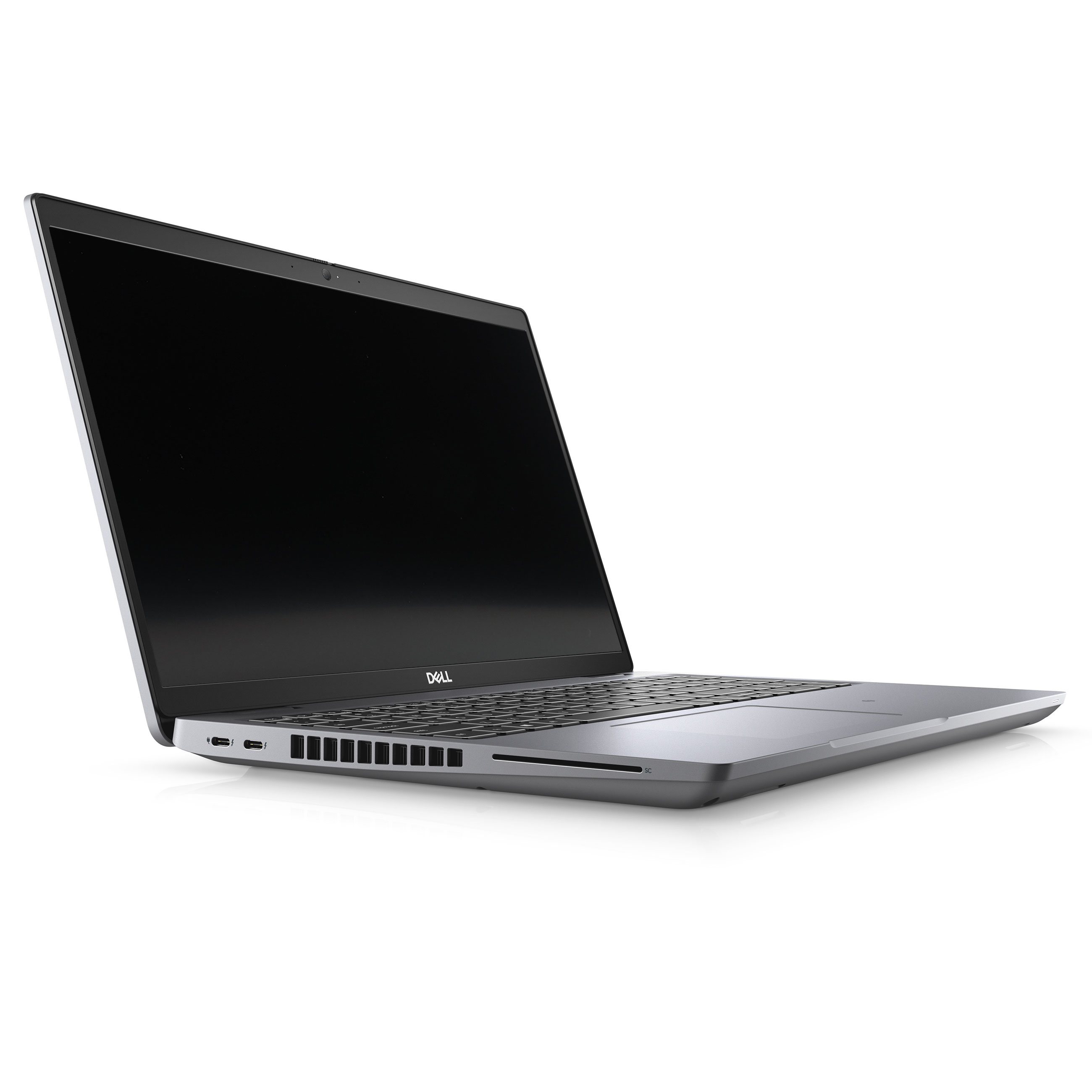 Ein grauer Dell Laptop mit geöffnetem Bildschirm steht auf einer weißen Oberfläche.