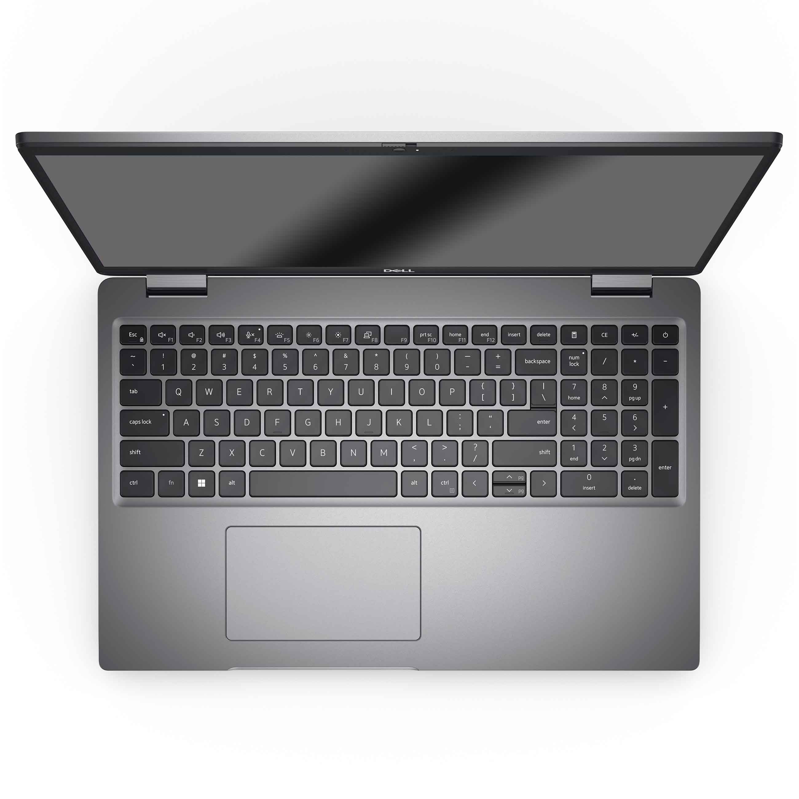 Grauer Dell Laptop von oben mit geöffnetem Bildschirm und beleuchteter Tastatur.