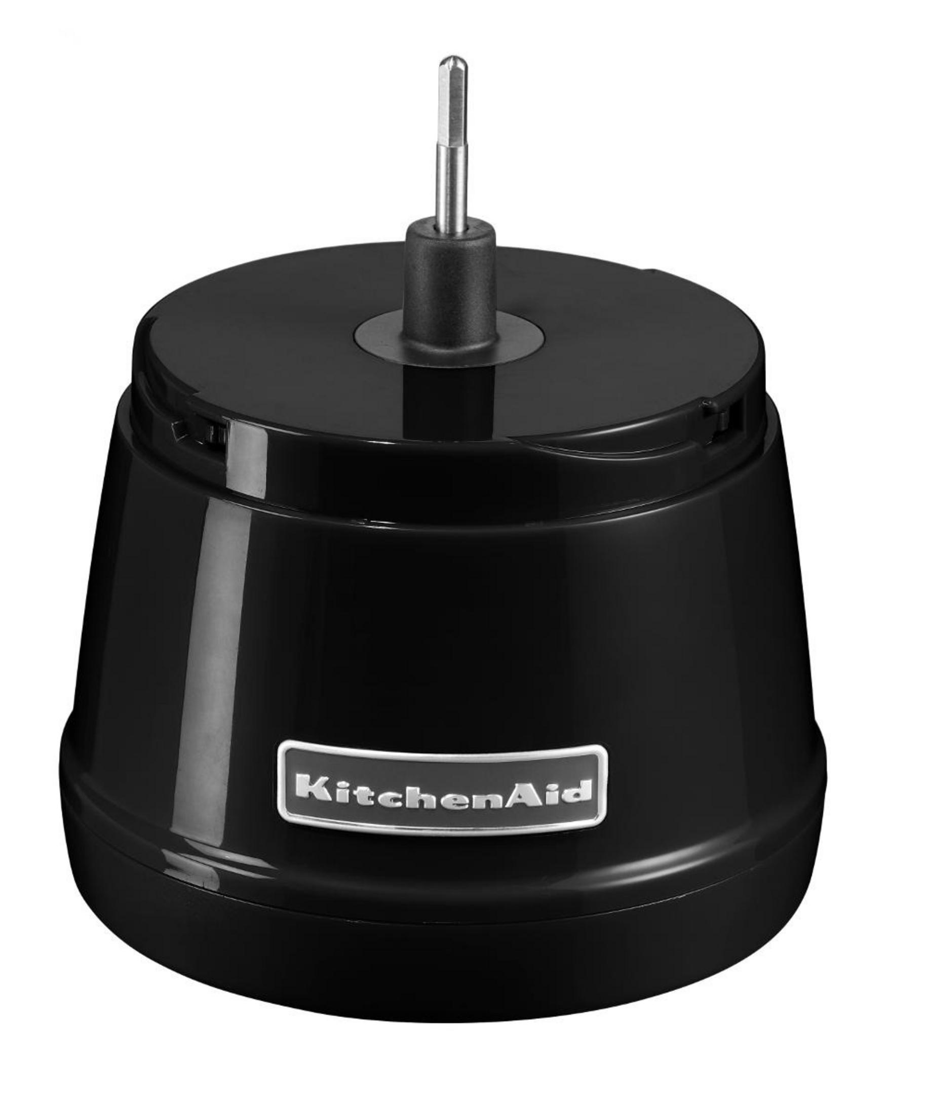 Schwarze KitchenAid-Küchenmaschine Motorbasis auf weißem Hintergrund.