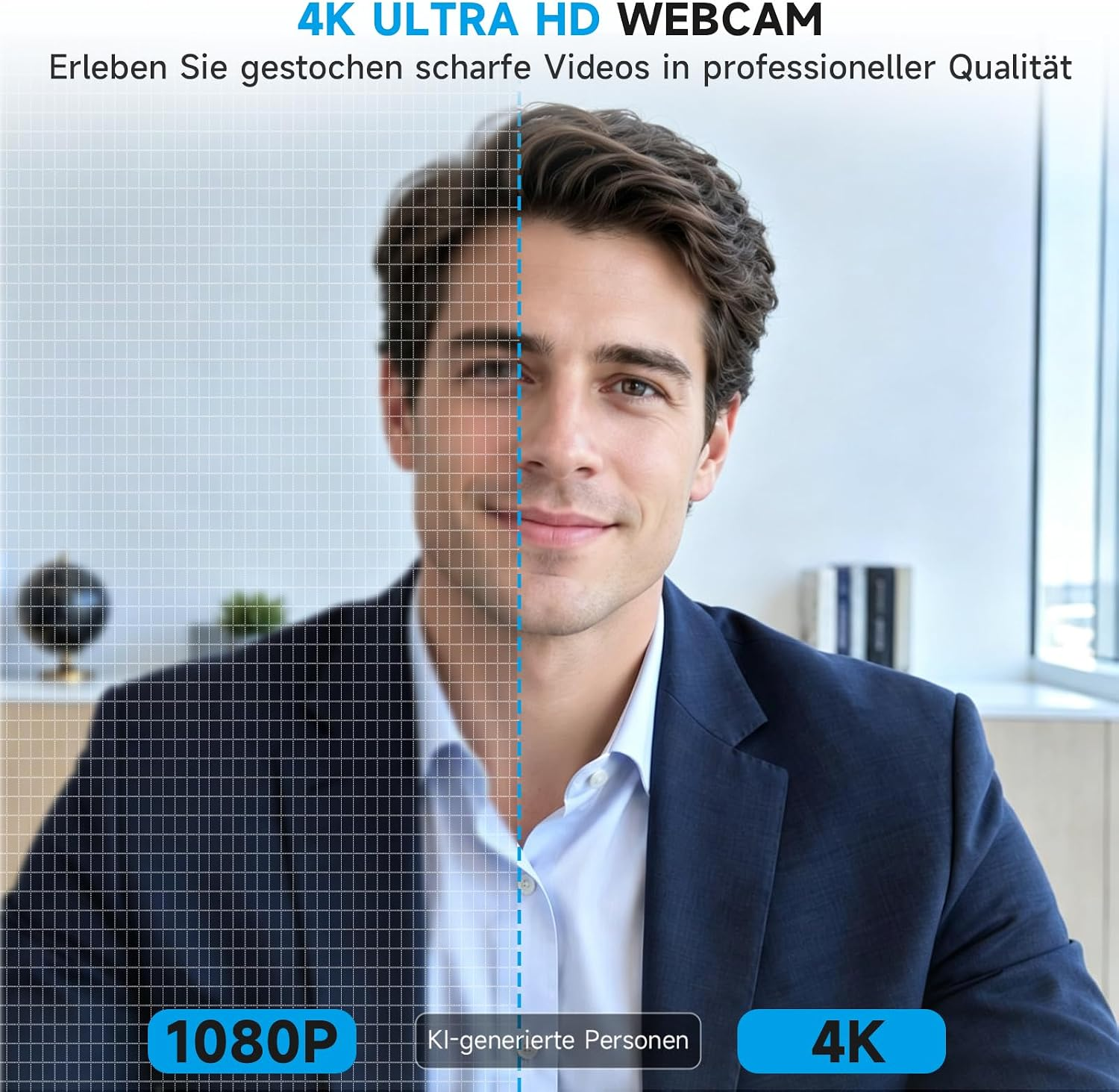 Vergleich einer Webcam in 1080P und 4K mit einem Mann im Anzug.