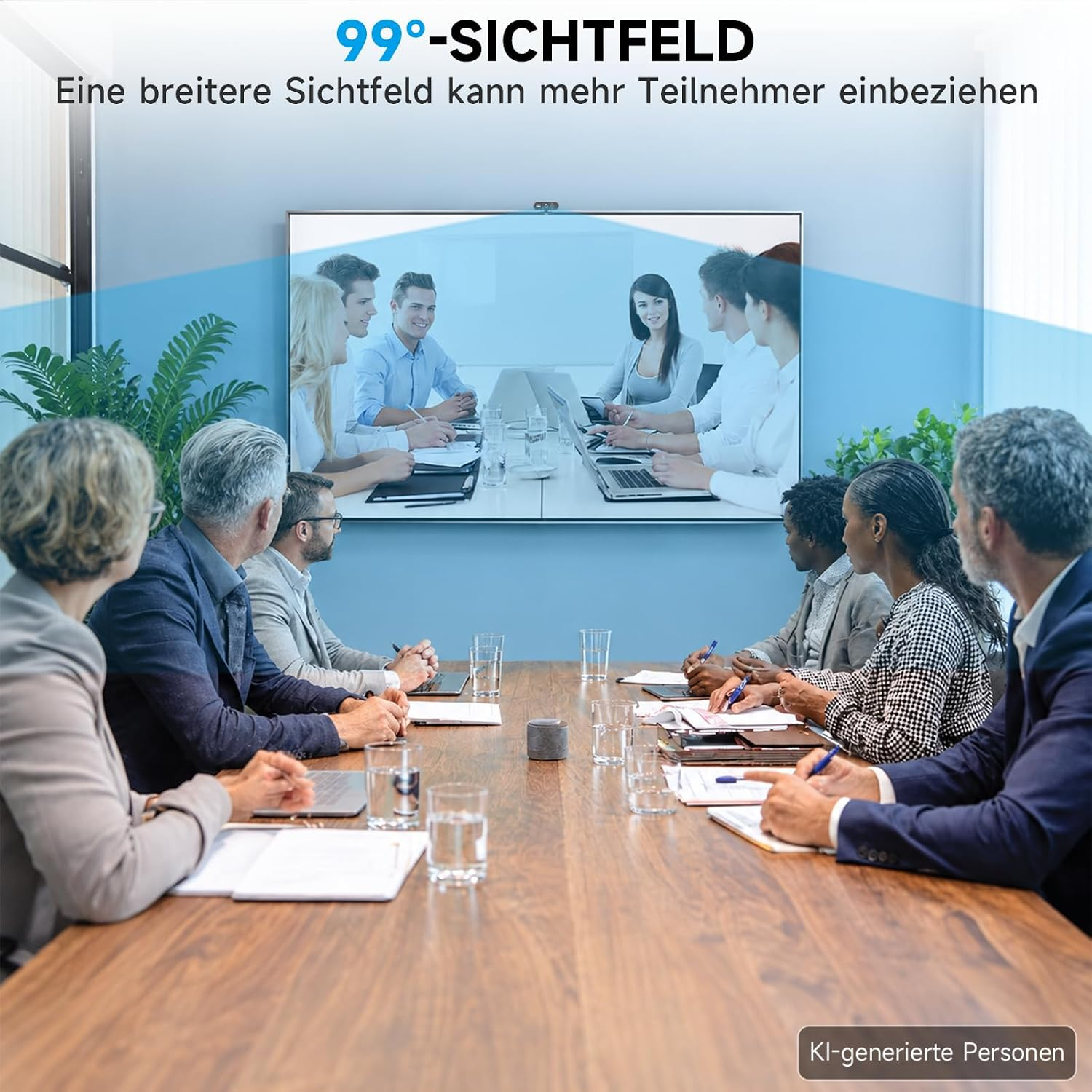 Ein großer Besprechungsraum mit Personen an einem Holztisch vor einem Monitor mit Videokonferenz.