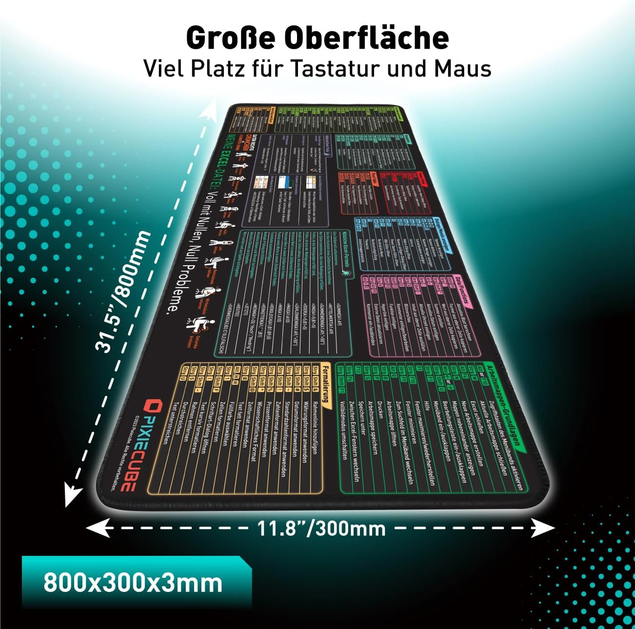Großes Excel-Tastenkombinationen-Mauspad in Schwarz und Grün mit Maßen 800x300mm.