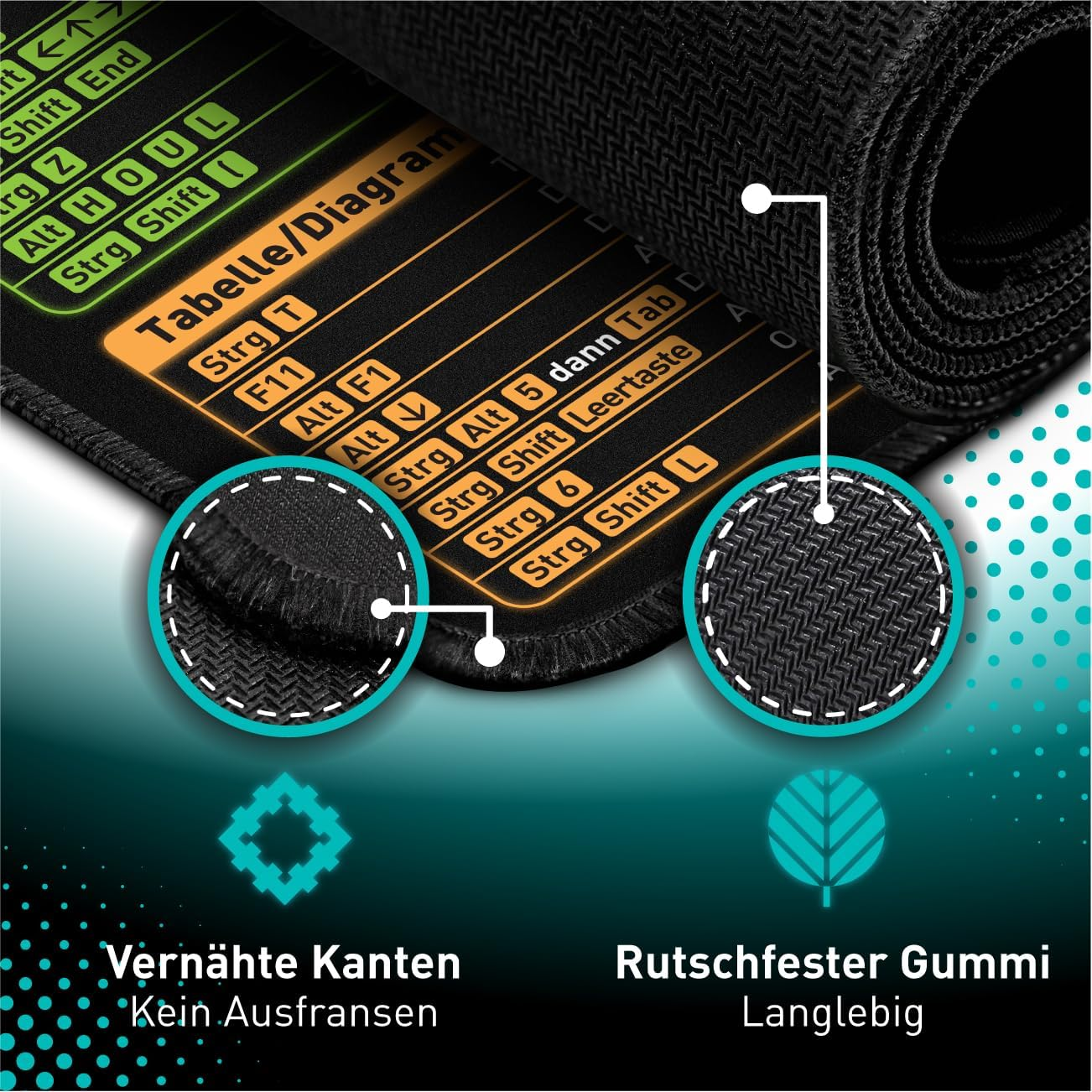 Mauspad mit Shortcut-Druck, vernähten Kanten und rutschfester Gummiunterseite.