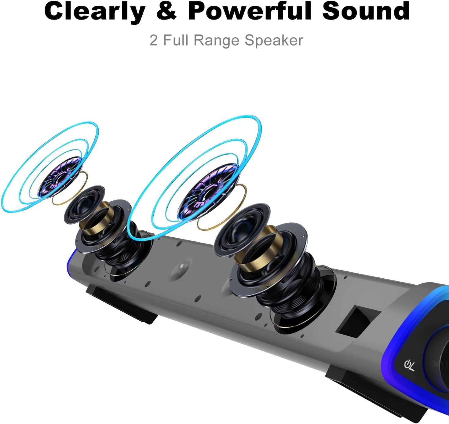 Explosionsdarstellung einer grauen Soundbar mit zwei Full-Range-Lautsprechern und blauen Klangwellen.
