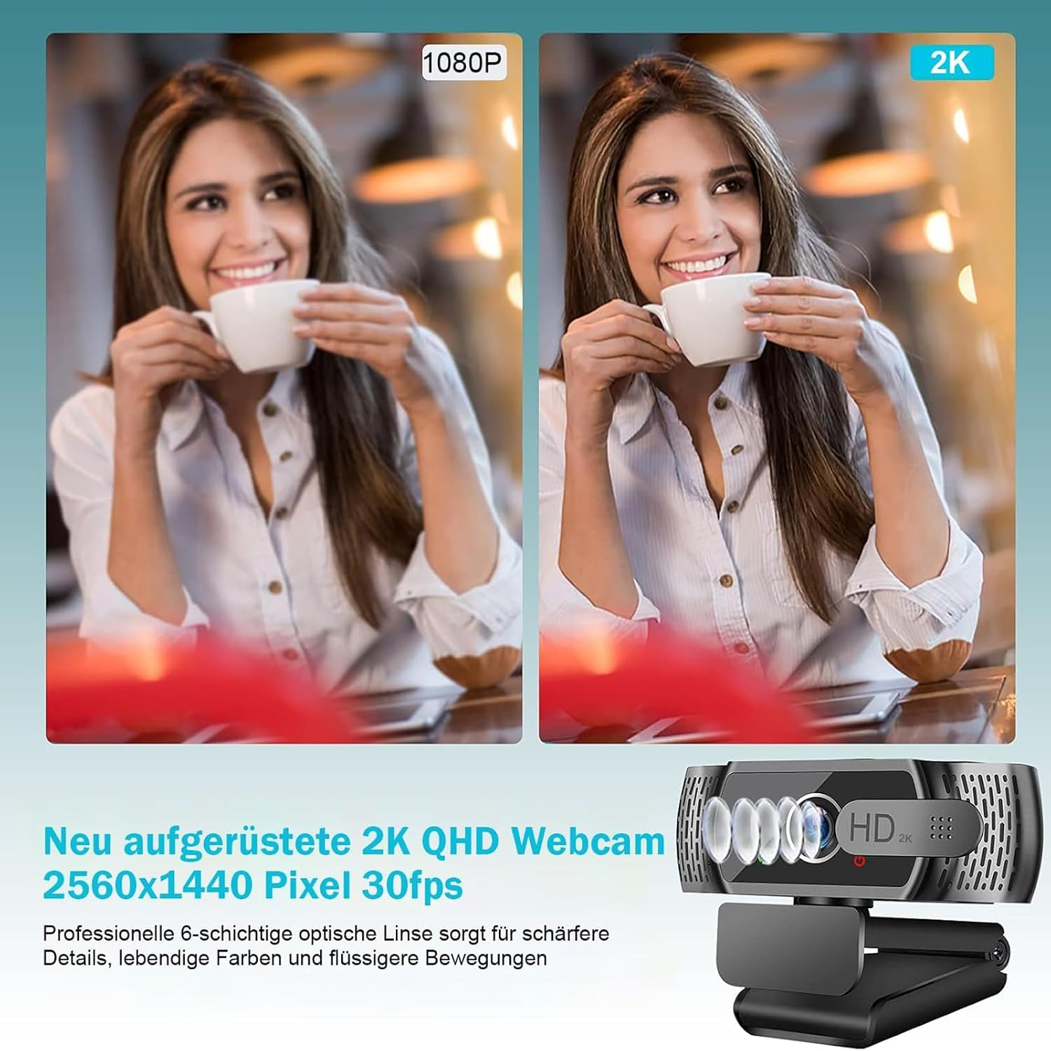 Comparación de calidad de imagen 1080P y 2K de una cámara web mostrando a una mujer con una taza.