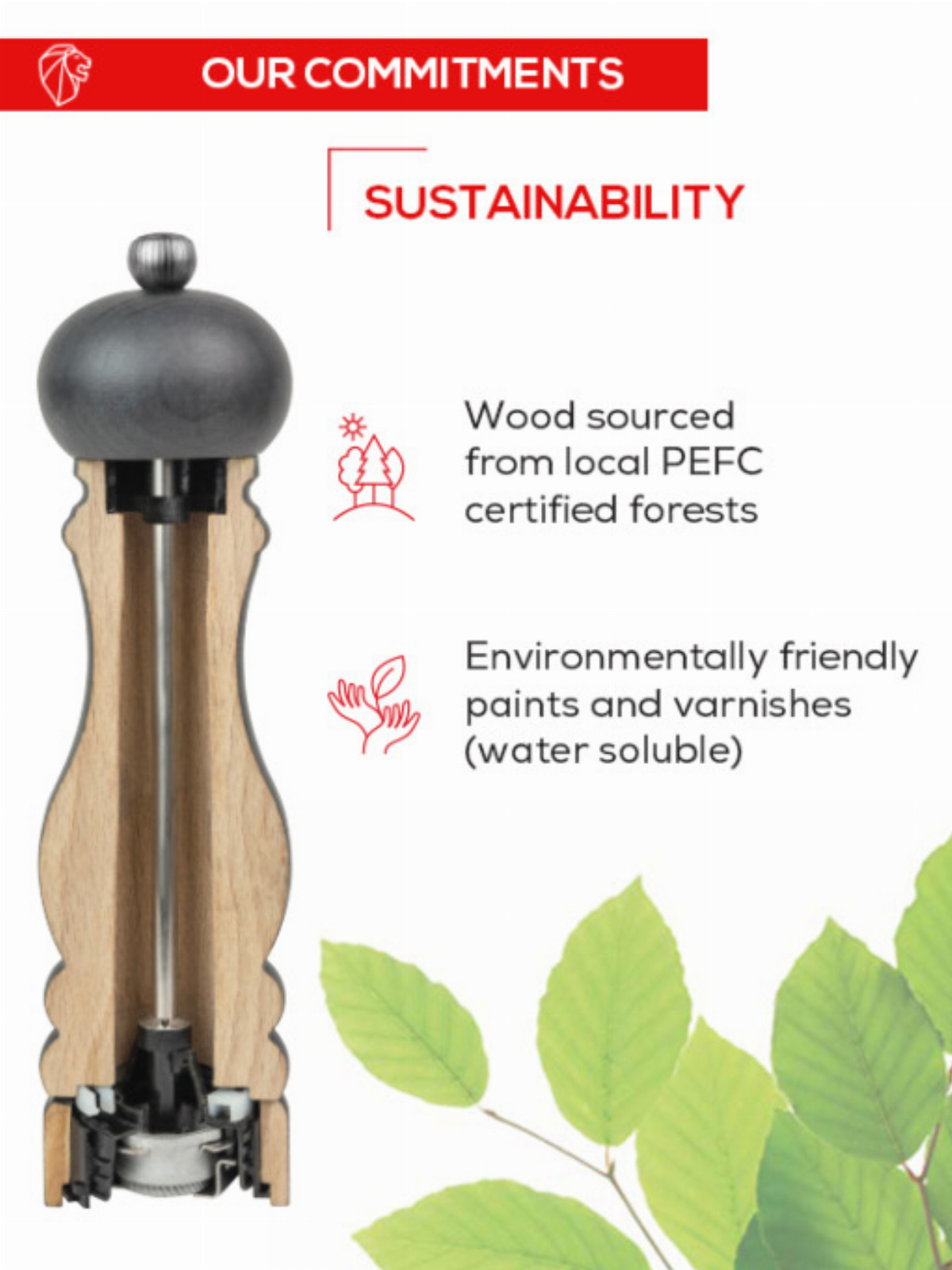 Nachhaltiger Pfeffermühle aus PEFC-zertifiziertem Holz mit umweltfreundlichen Farben und grünen Blättern.