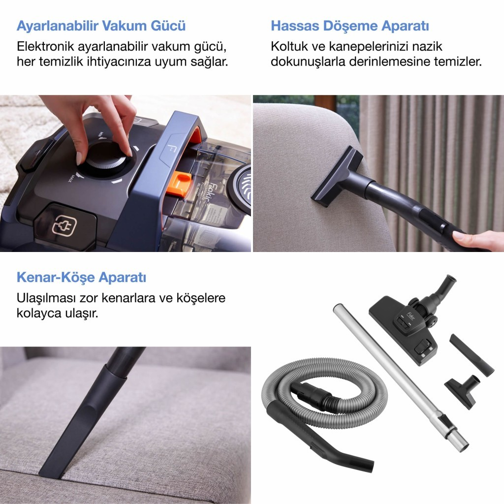 Ayarlanabilir vakum gücü, hassas döşeme ve kenar-köşe aparatları ile temizlik detayları.