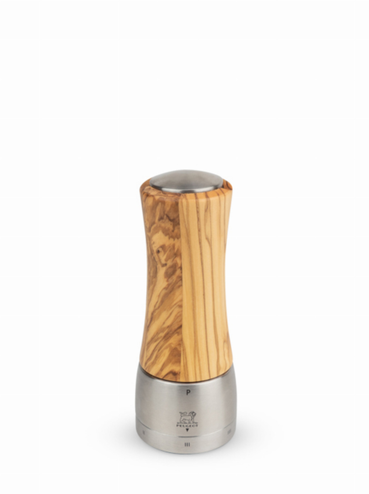 Eine Pfeffermühle aus Holz und Metall steht auf weißem Hintergrund mit geschwungenem Holzkörper und Stahlsockel.