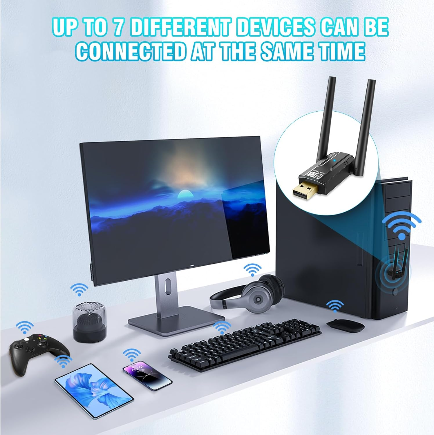 Ein USB-Adapter auf dem PC verbindet kabellos sieben Geräte wie Monitor, Tastatur und Kopfhörer.