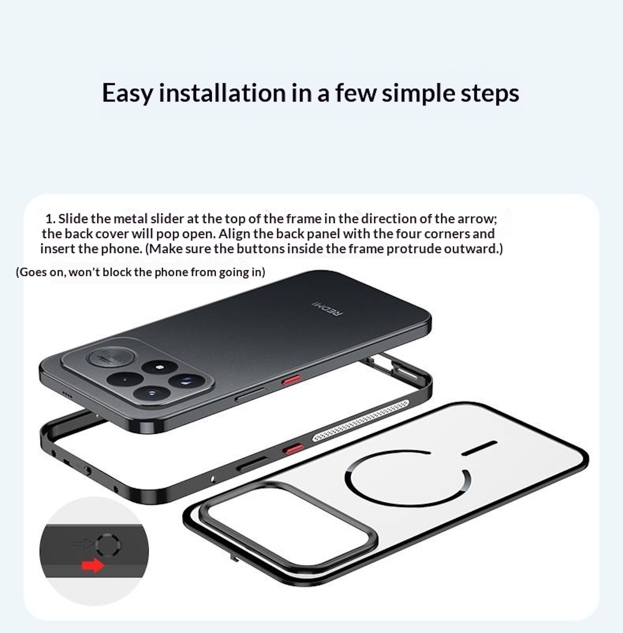 Diagramm zeigt Installationsschritte für eine schwarze Smartphone-Hülle mit Metallrahmen.