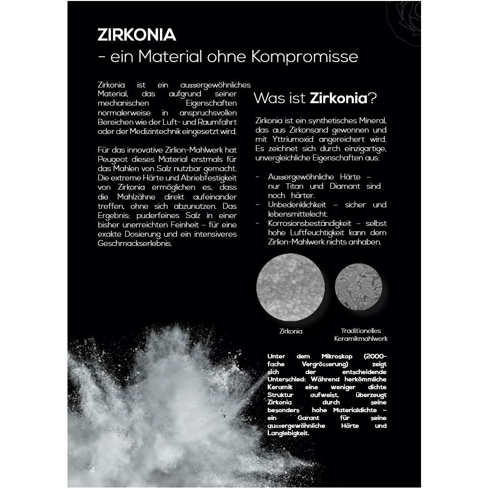 Informationsseite über Zirkonia-Material mit Text, zwei kreisrund mikrographischen Bildern und spritzendem Salz.