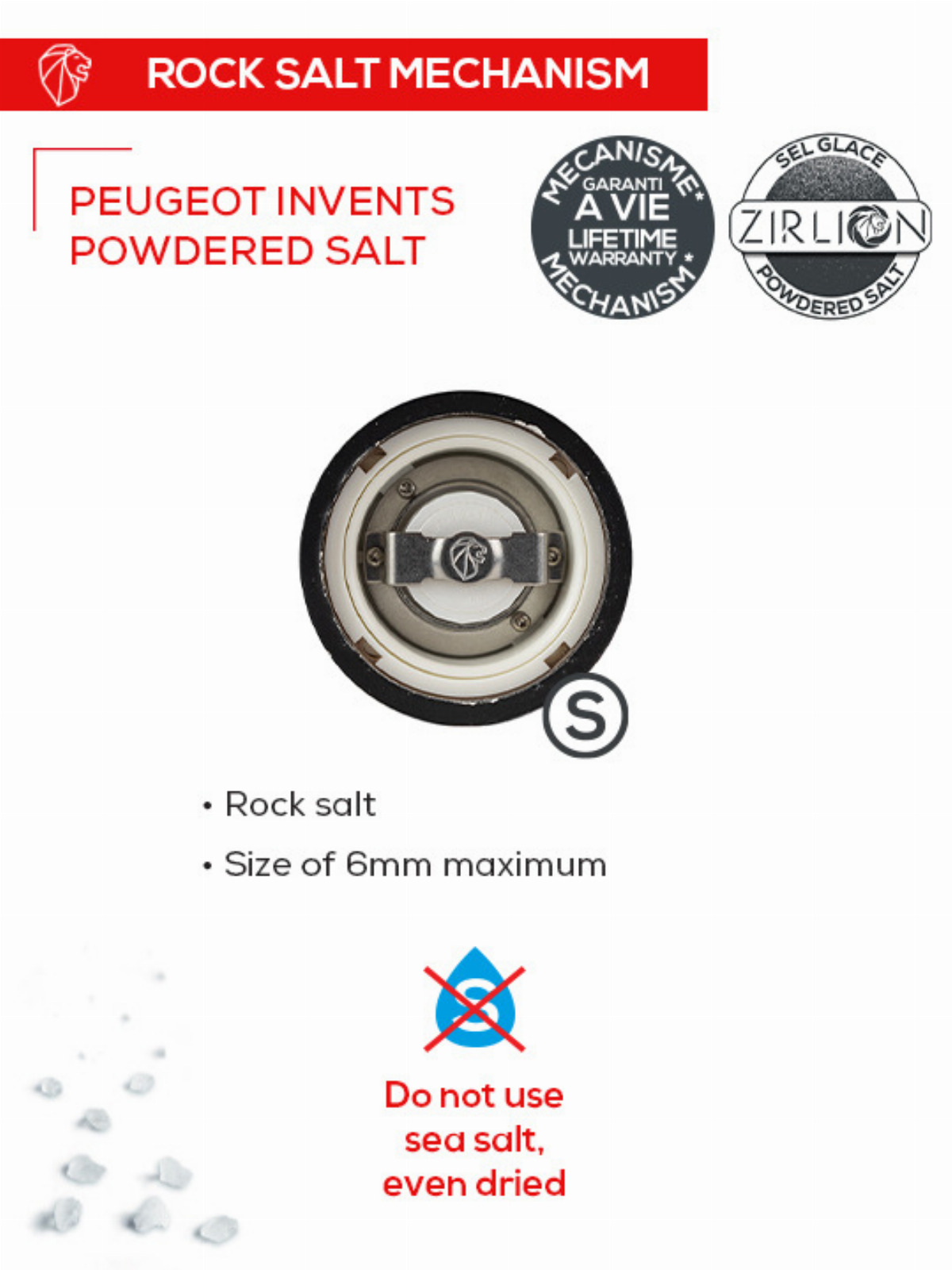 Werbebild für Peugeot Steinsalz-Mahlwerk mit Details zu Funktion und Verwendung.