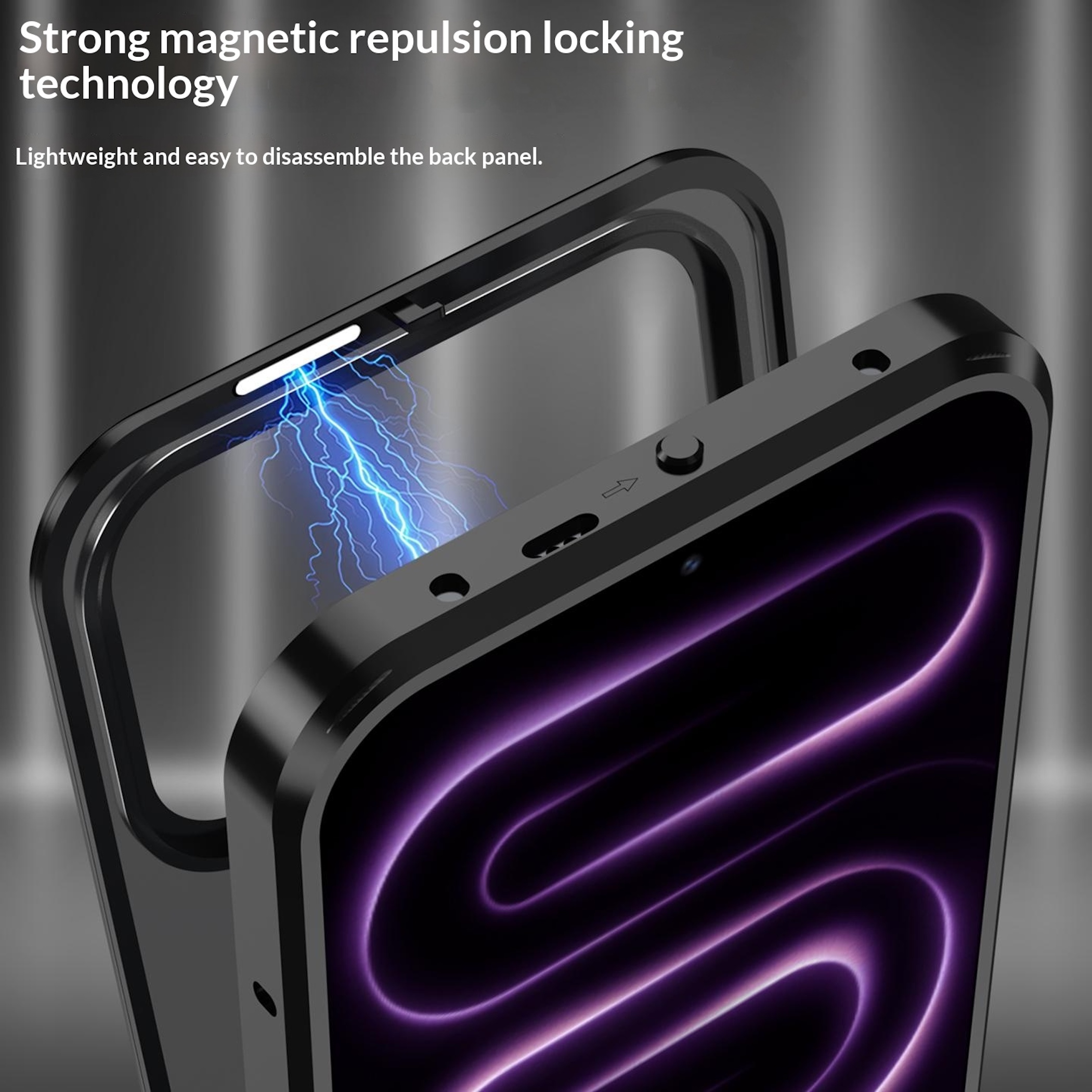 Smartphone in magnetischem Gehäuse mit elektrischen Blitzen und Text über Technologie.