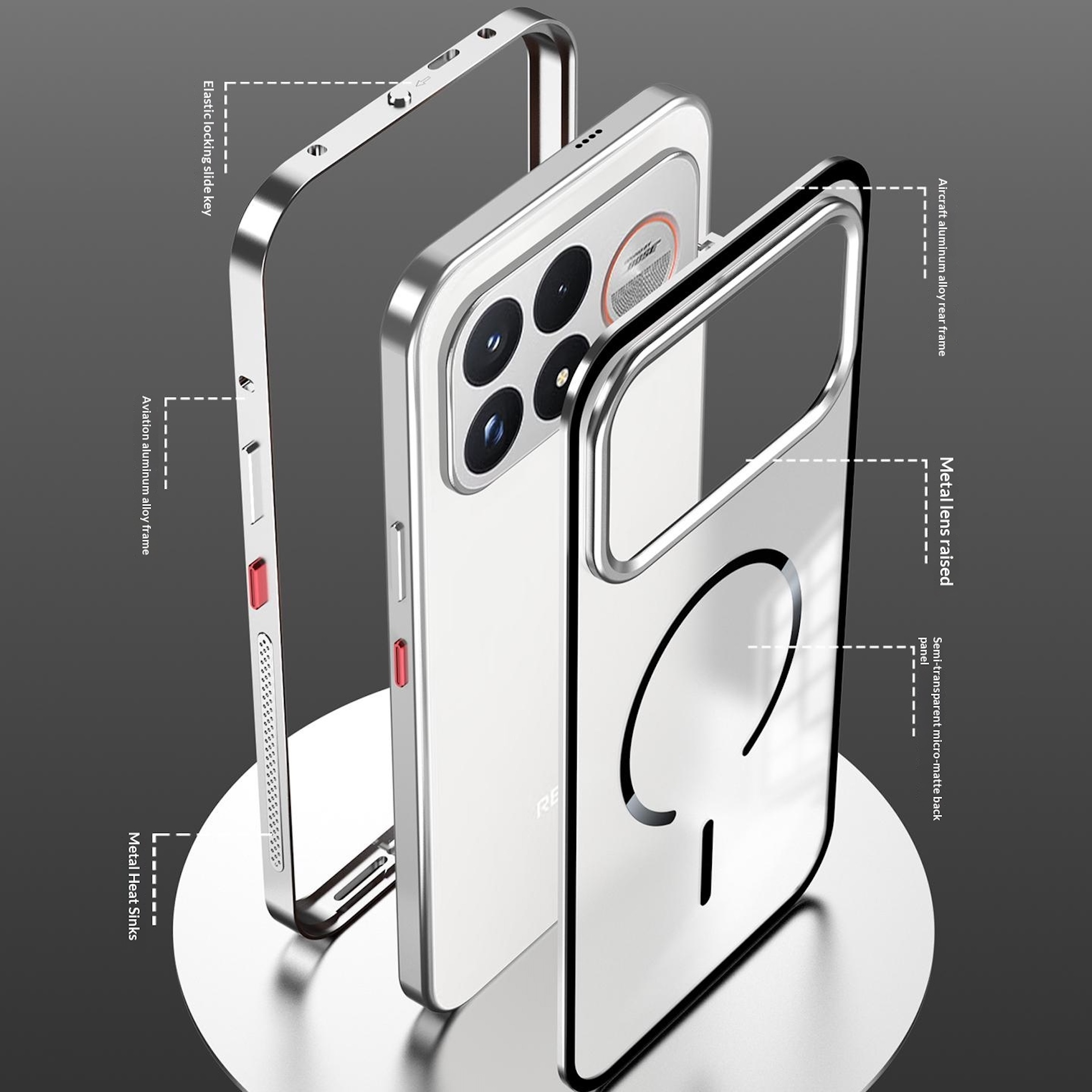 Explosionsansicht einer Smartphone-Hülle zeigt Aluminiumrahmen, Linsenschutz und matte Rückseite auf einem Ständer.