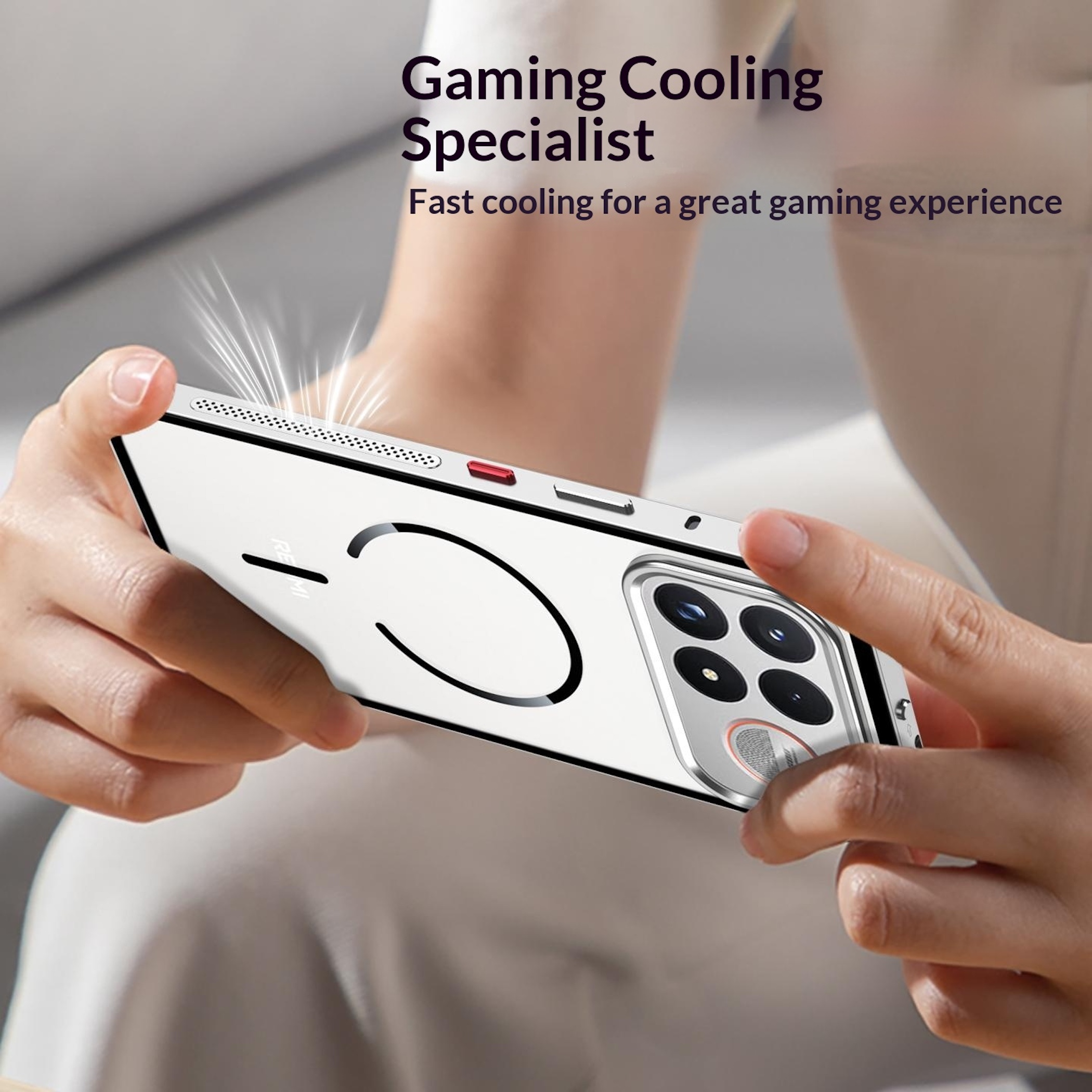 Ein weißes Smartphone in Händen mit Text Gaming Cooling Specialist und Linien, die Abkühlung zeigen.