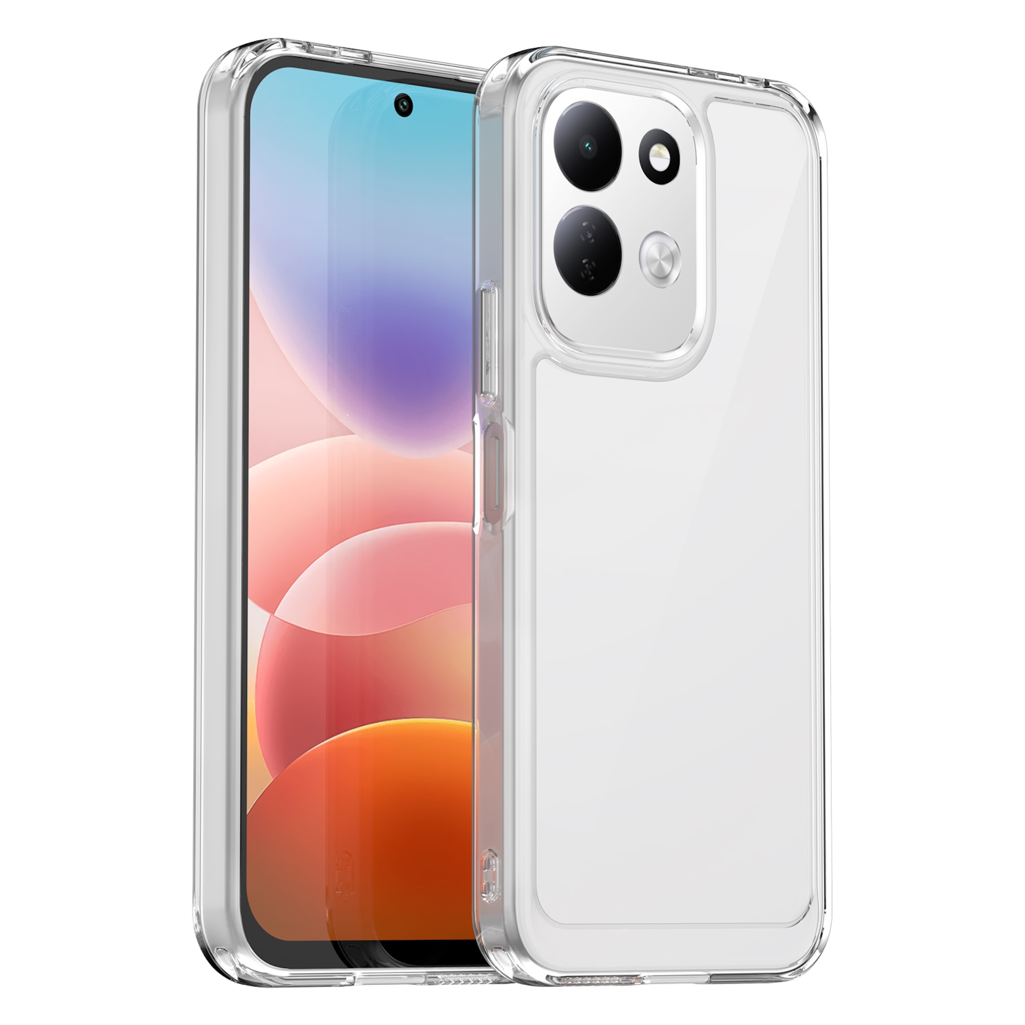 Ein Smartphone mit einer transparenten Schutzhülle zeigt den Bildschirm und die Rückseite.