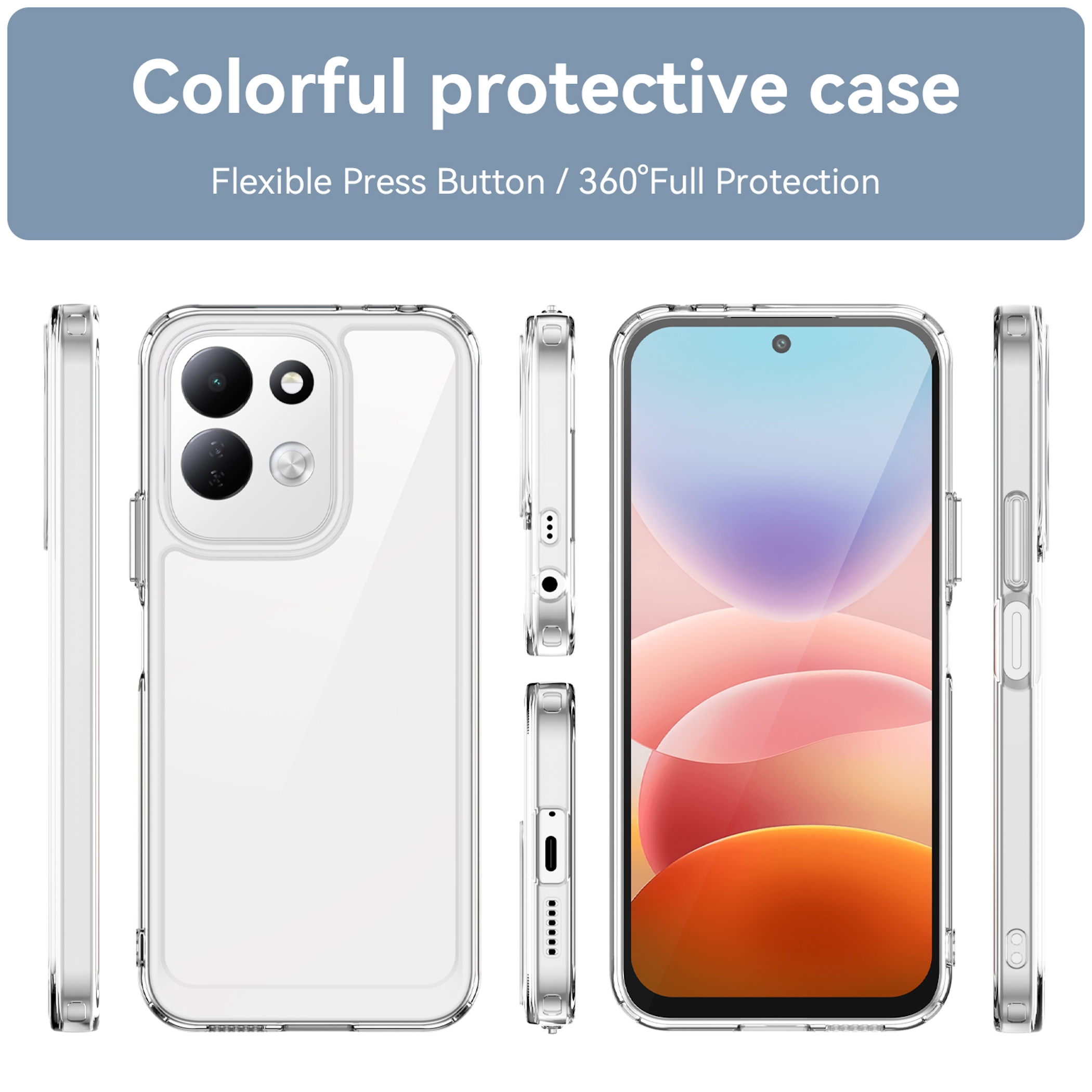 Transparente Schutzhülle für ein Smartphone mit verschiedenen Ansichten.