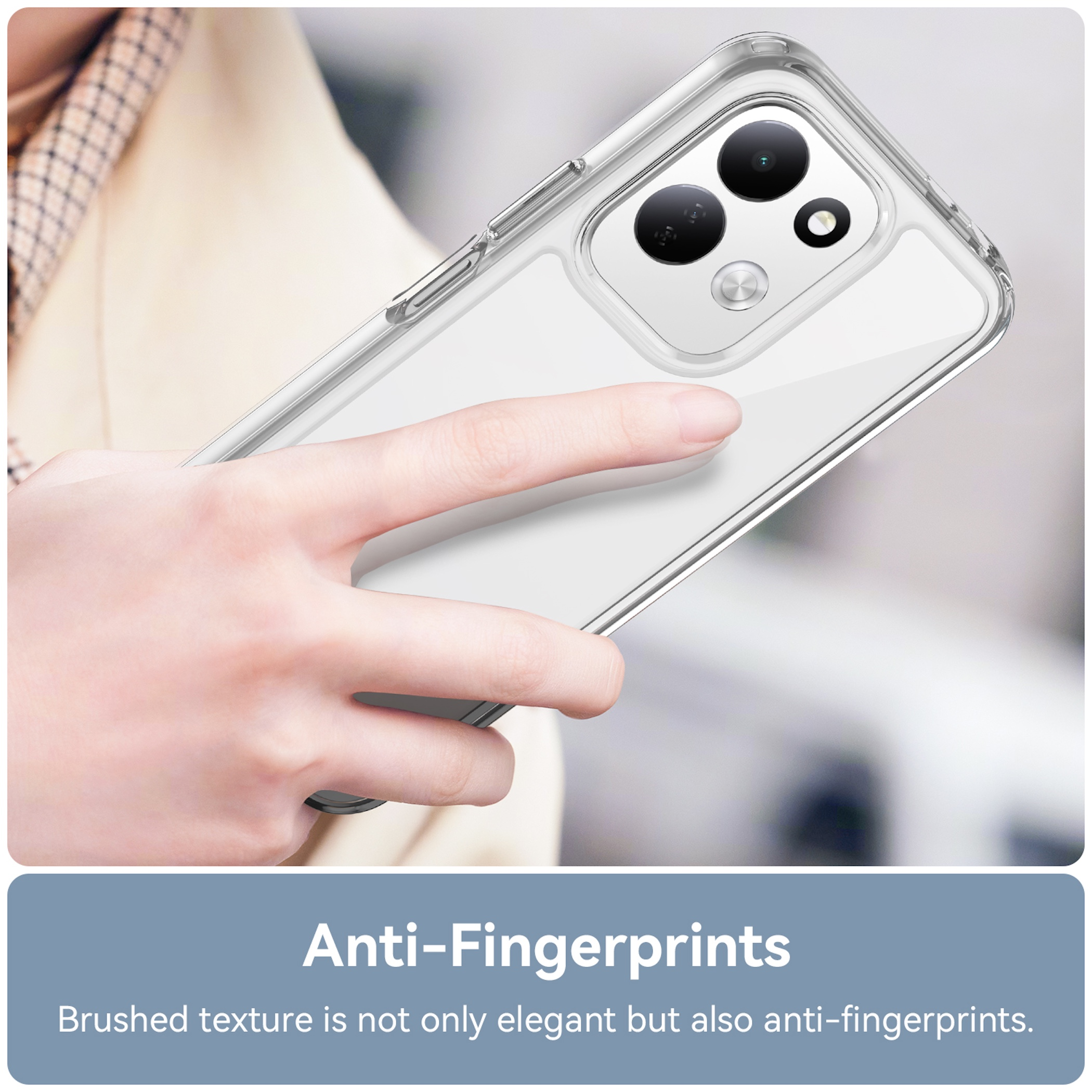 Eine Hand hält ein Smartphone in einer klaren Schutzhülle, darunter Text über Anti-Fingerabdrücke.