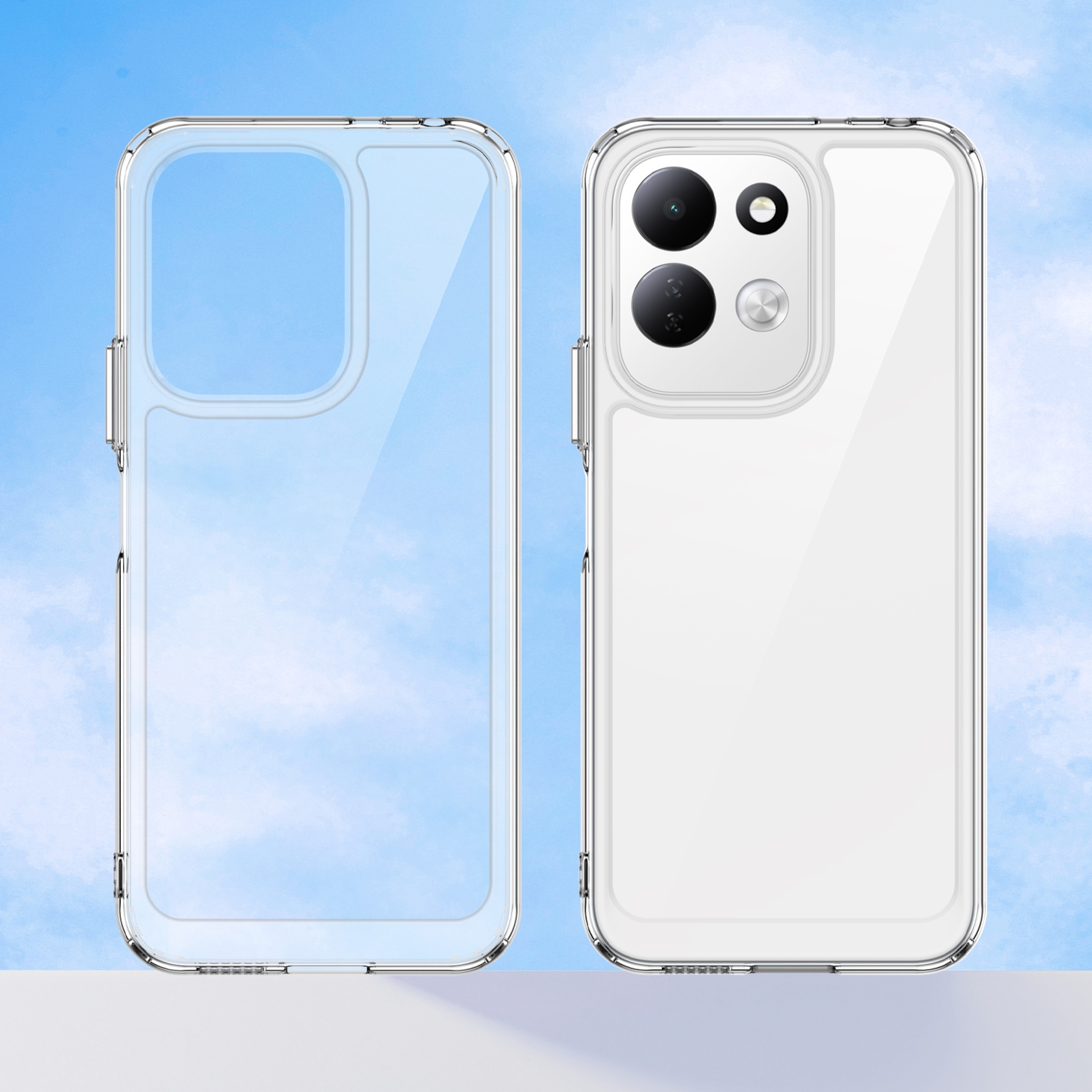 Zwei klare Handyhüllen, eine leer und eine mit einem Smartphone, vor blauem Himmel.
