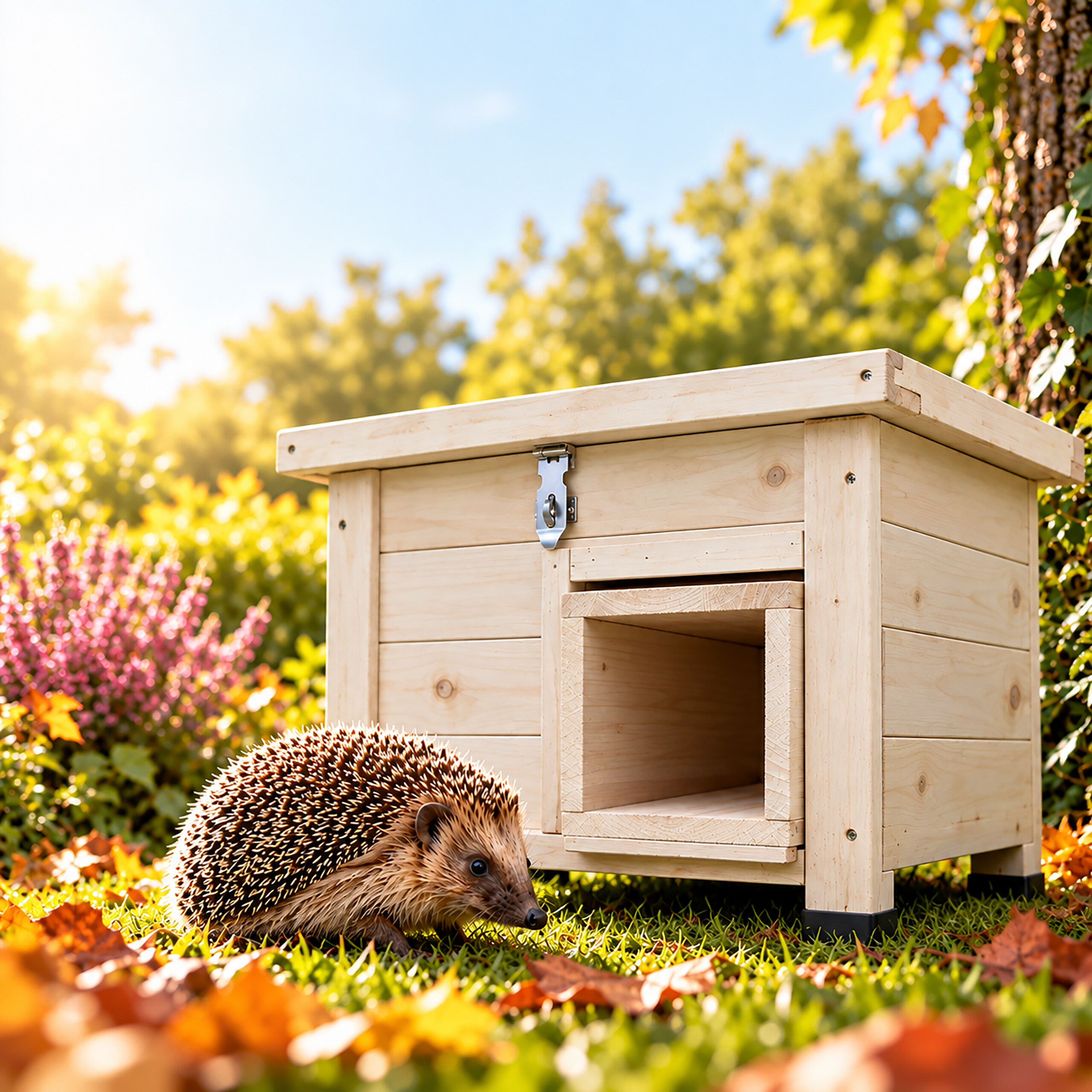 Ein kleiner Igel läuft im Herbstlaub und vor einem Holzhaus auf dem Gras.