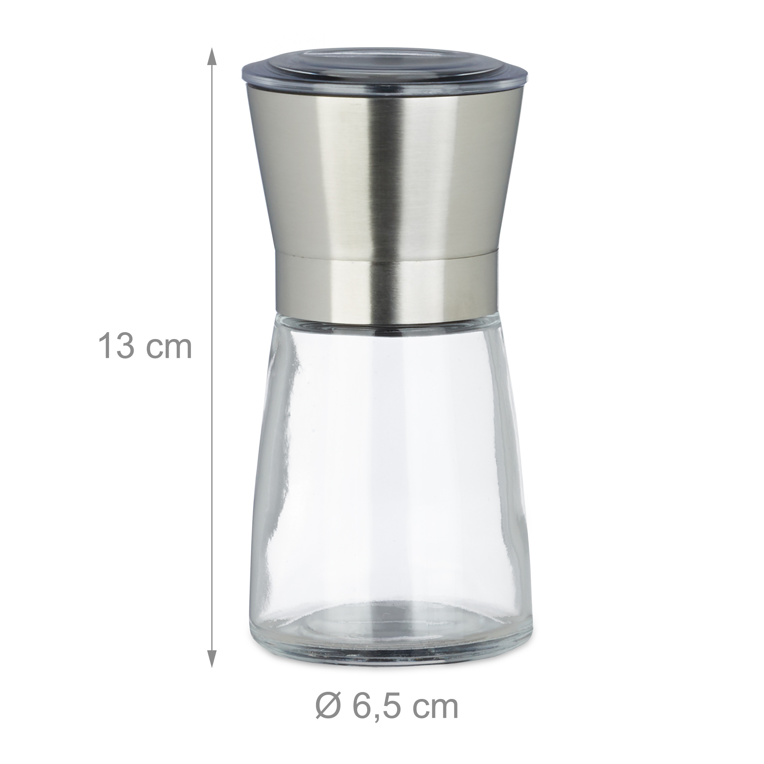 Gewürzmühle aus Glas und Edelstahl, 13 cm hoch und 6,5 cm im Durchmesser.
