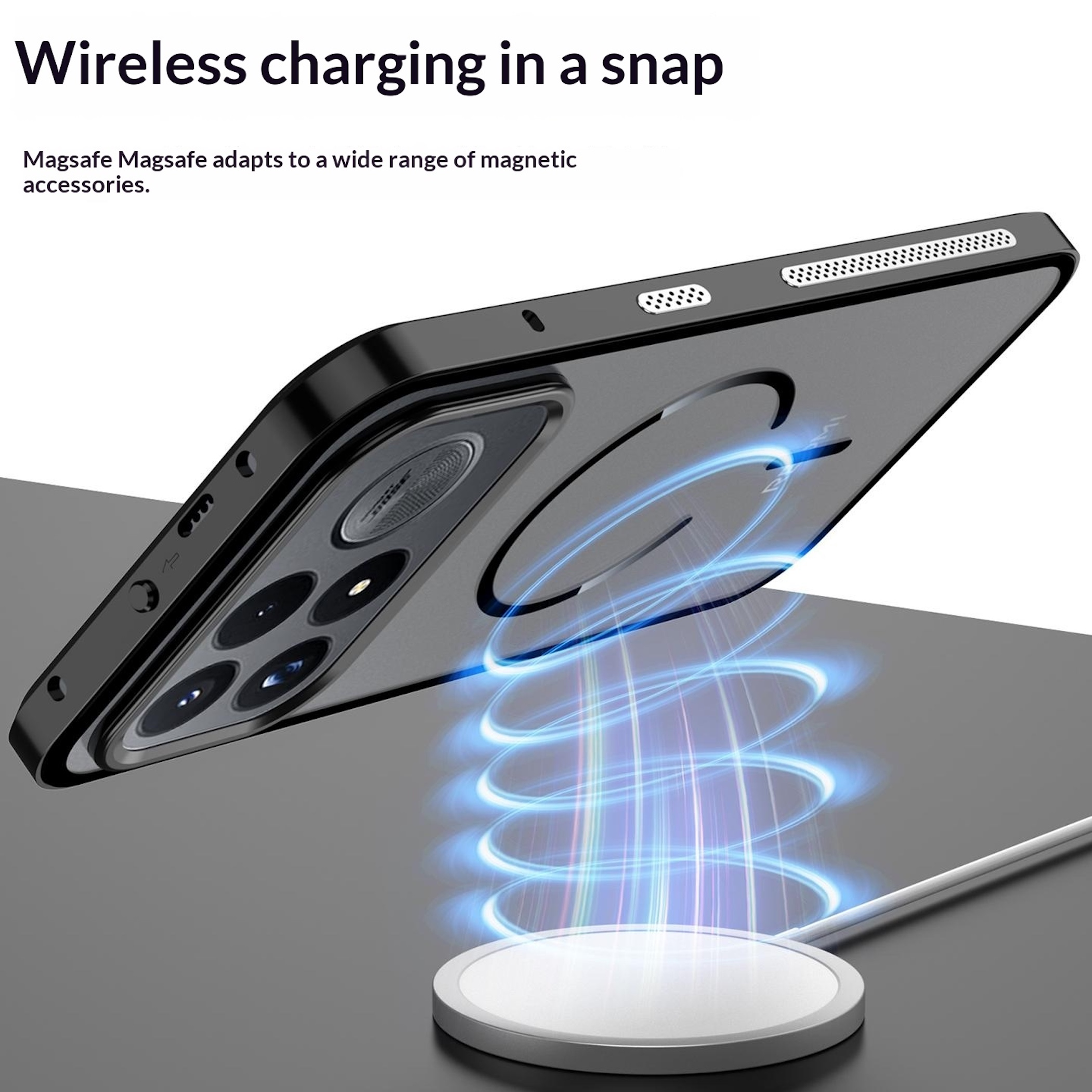 Ein schwarzes Smartphone wird drahtlos von einer runden Ladestation geladen, visualisiert durch blaue Lichtspiralen.