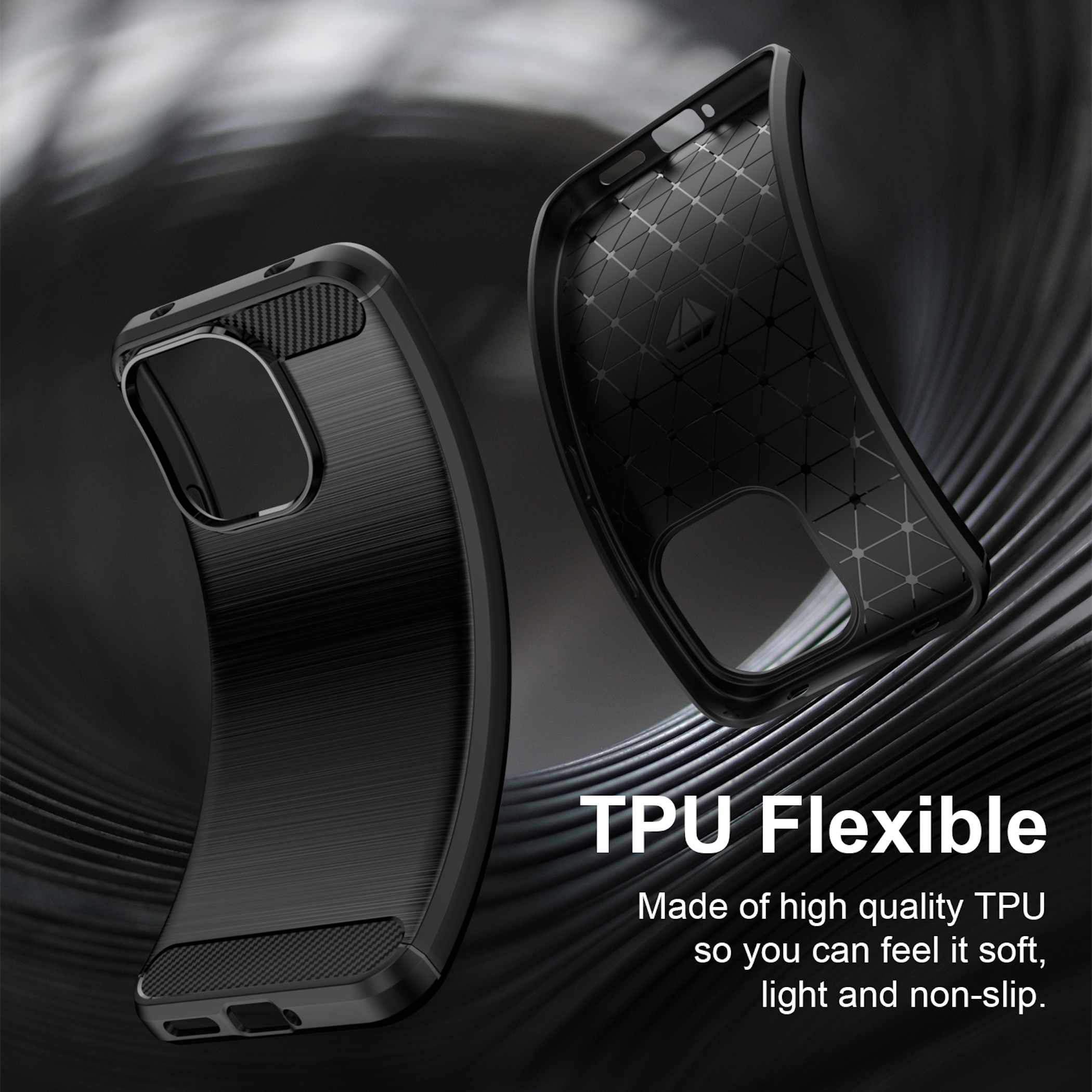 Zwei schwarze, flexible TPU-Handyhüllen vor dunklem, welligem Hintergrund mit Werbetext.