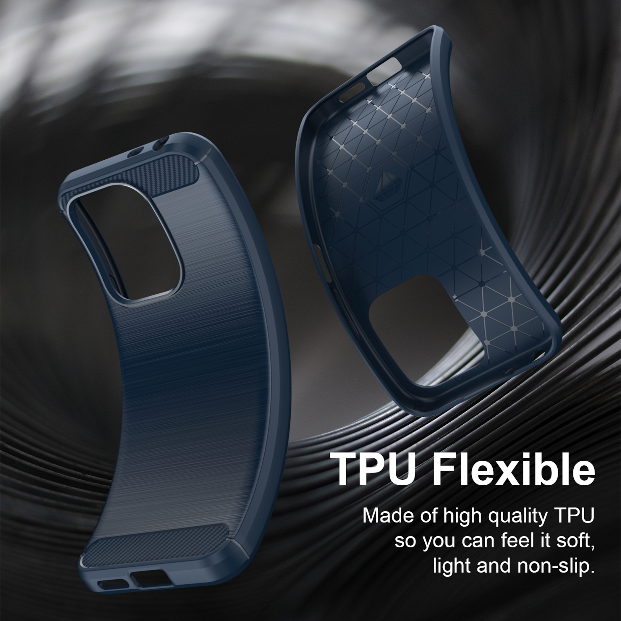 Zwei blaue flexible TPU-Handyhüllen vor einem dunklen, texturierten Hintergrund mit weißem Text.