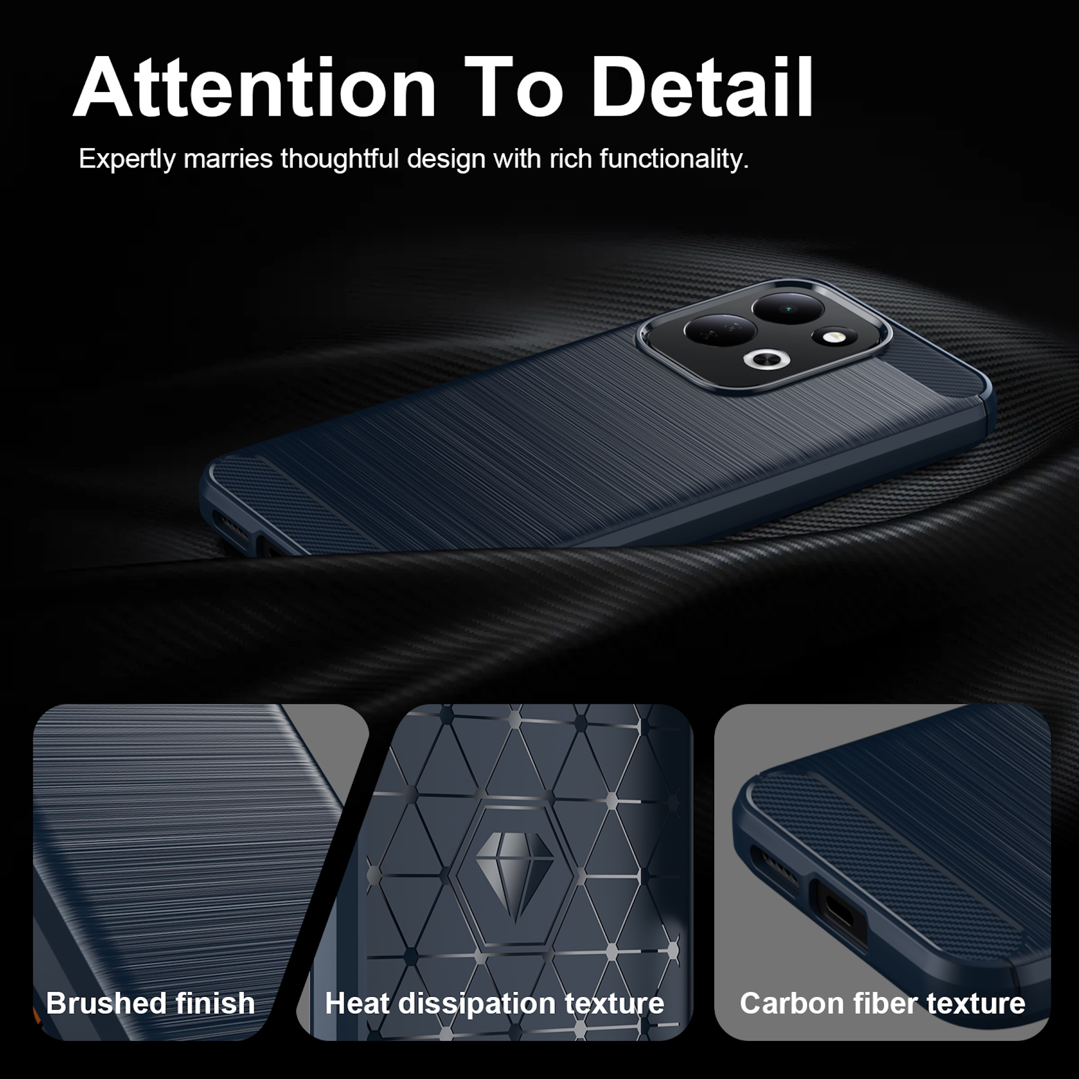 Dunkelblaue Handyhülle mit gebürstetem Finish, Wärmeableitungstextur und Kohlefaserdetails.