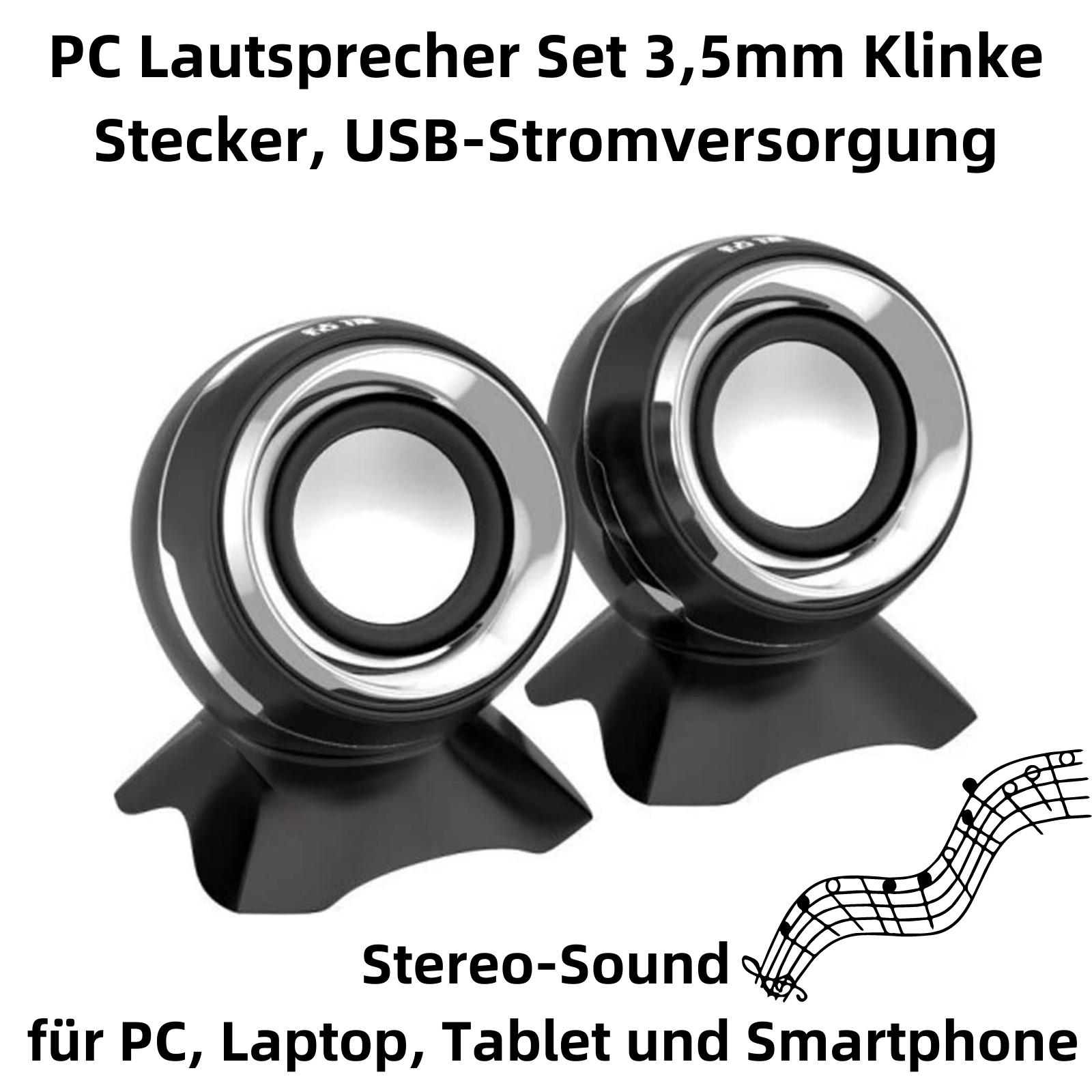 Zwei schwarze PC-Lautsprecher mit silbernen Ringen und Ständern auf weißem Hintergrund mit Text.