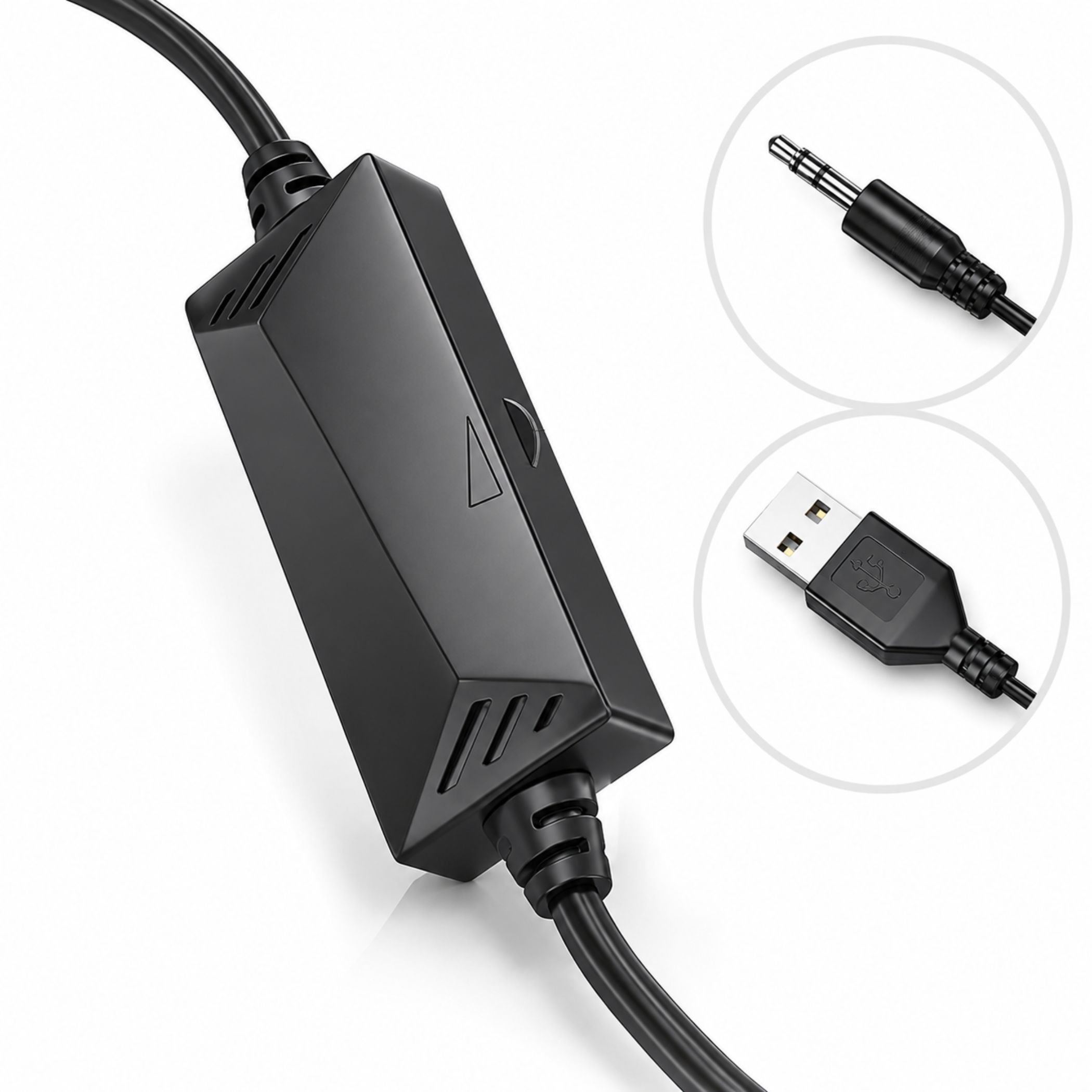 Schwarzes Audiokabel mit Inline-Regler, 3,5-mm-Klinke und USB-Anschluss.