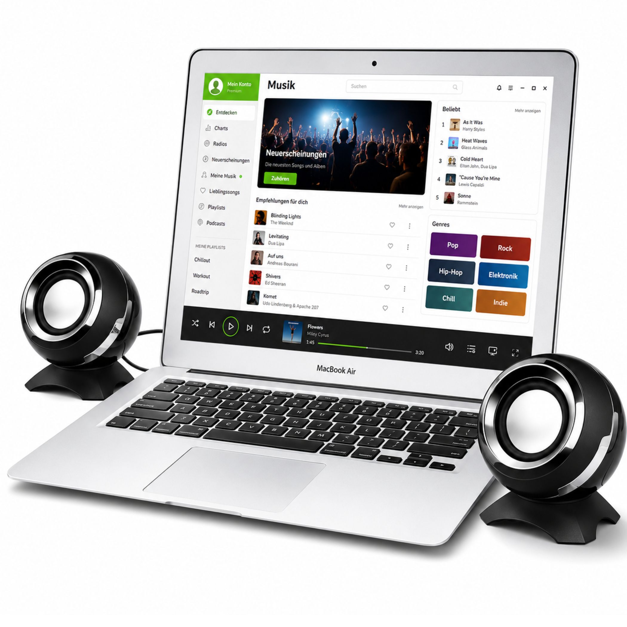 Ein silberner Laptop mit Musik-Software auf dem Bildschirm und zwei kleinen schwarzen Lautsprechern daneben.