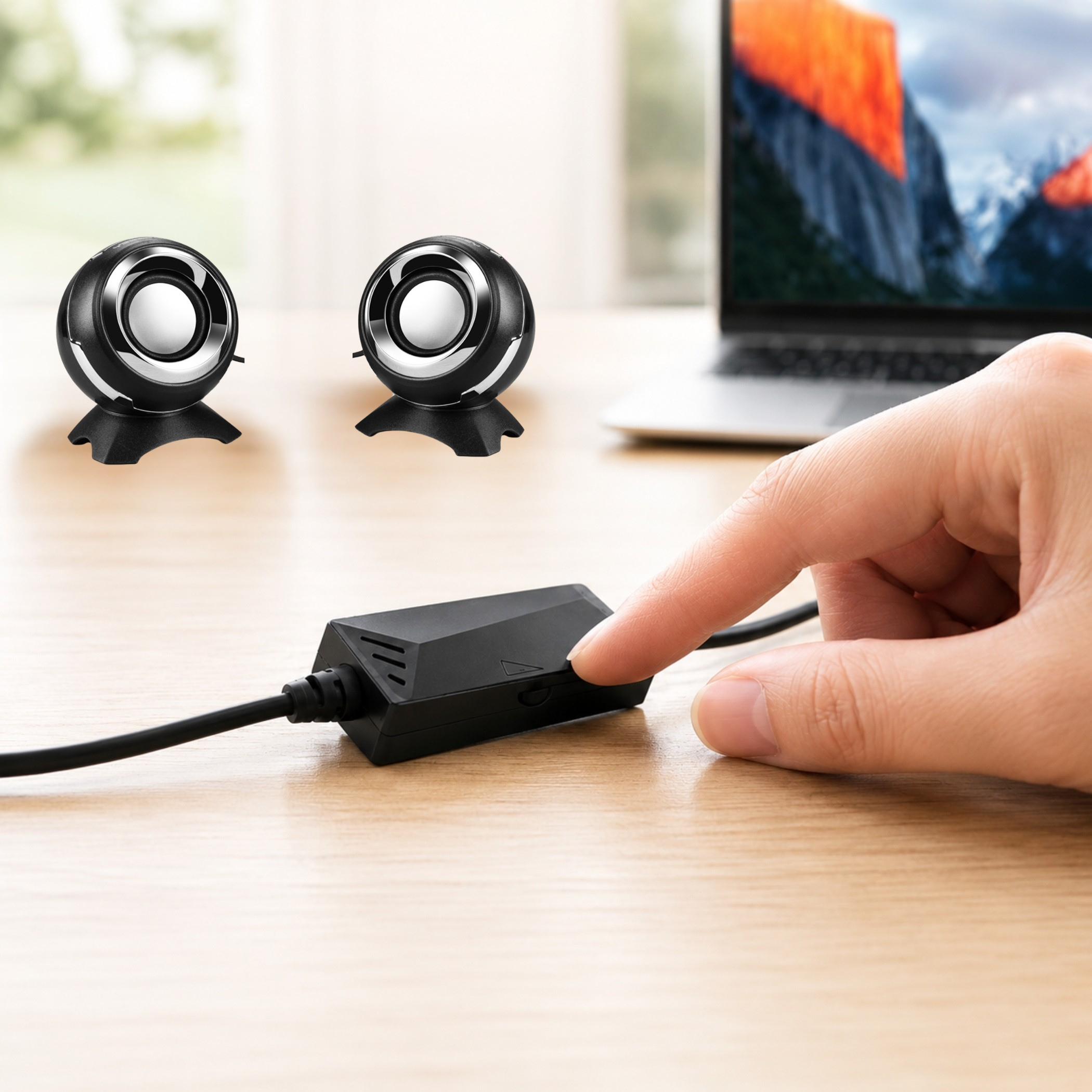 Hand drückt schwarzen Adapter auf Holztisch, im Hintergrund zwei Kugellautsprecher und Laptop.