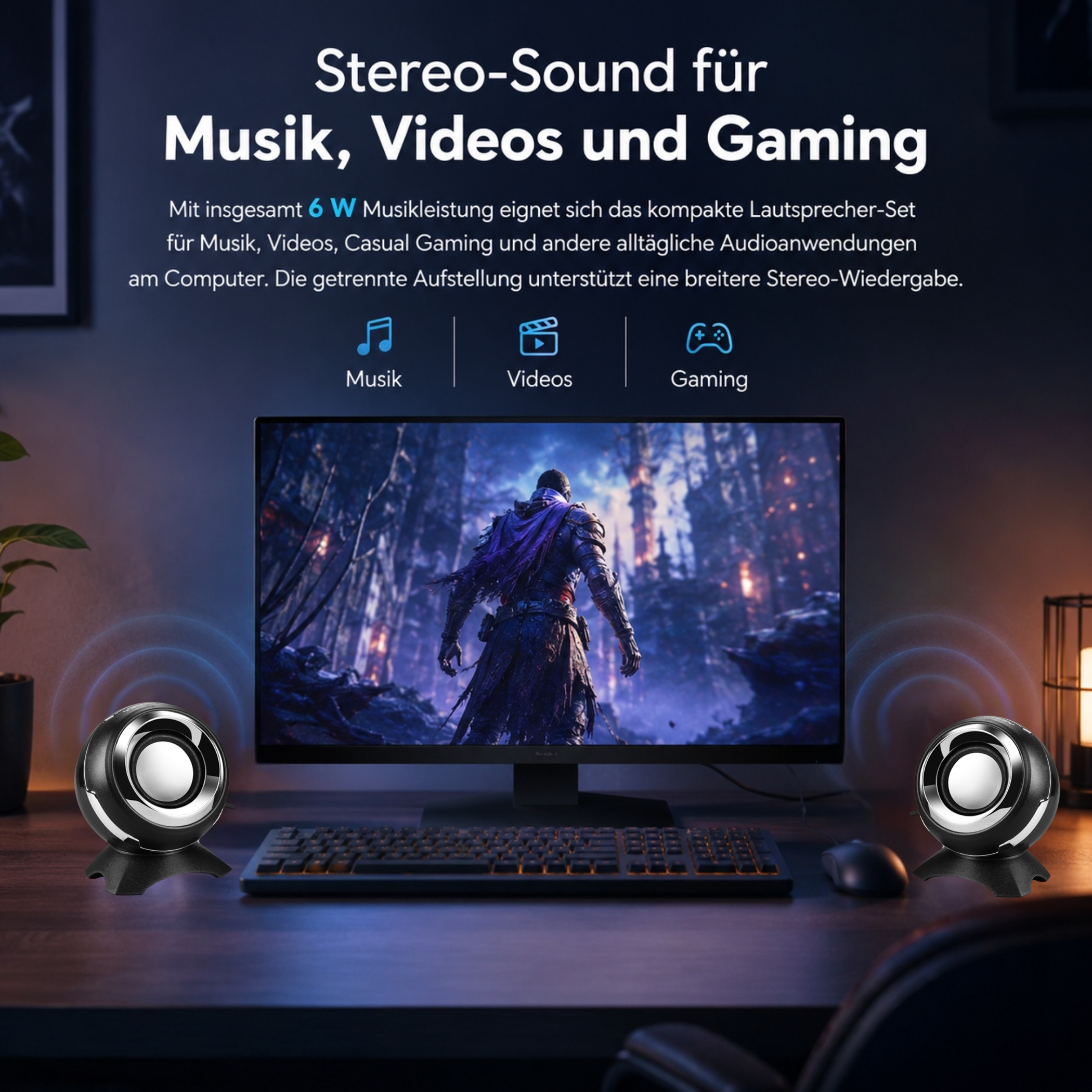 Zwei schwarze kugelförmige PC-Lautsprecher flankieren einen Monitor, eine Tastatur und eine Maus auf einem Schreibtisch.