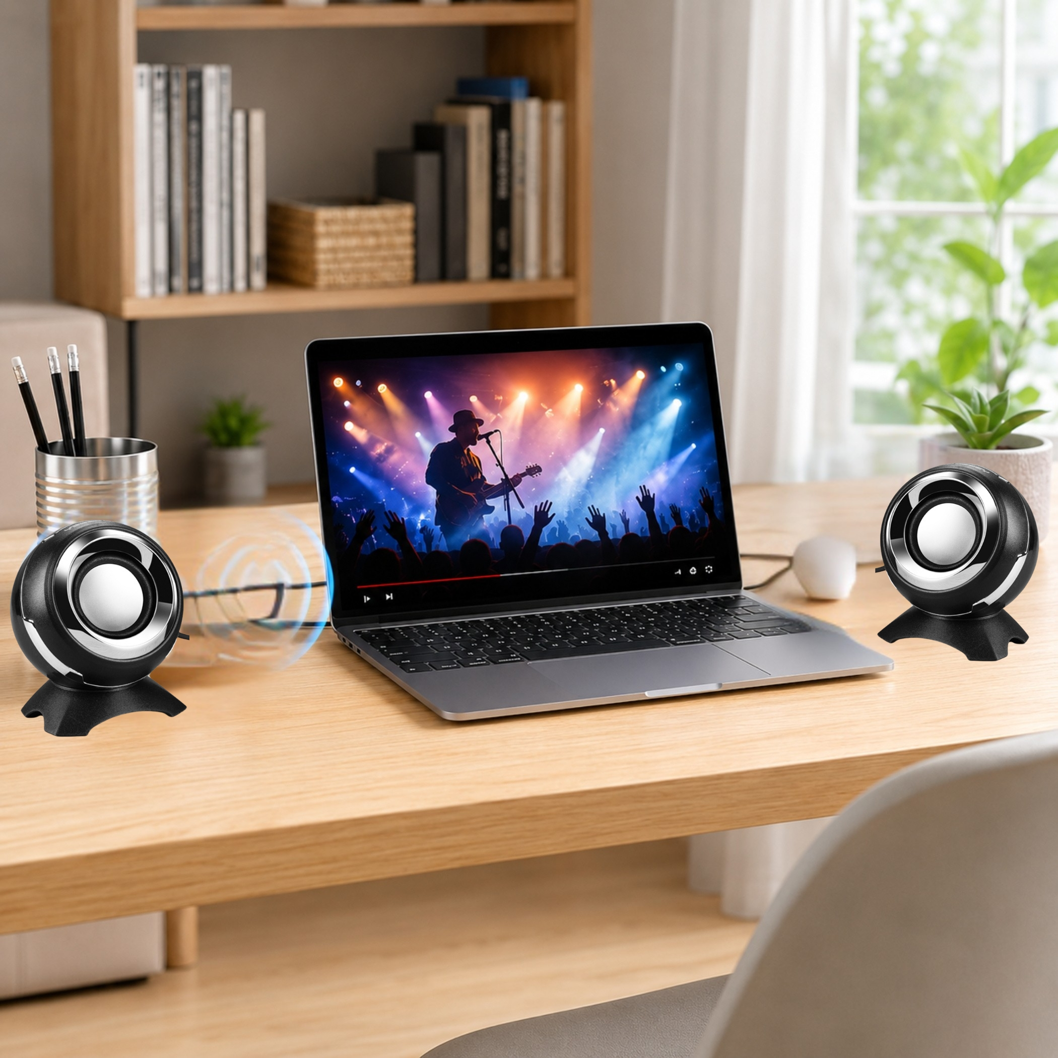 Ein Laptop auf einem Schreibtisch zeigt ein Konzert, flankiert von zwei kleinen runden Lautsprechern.