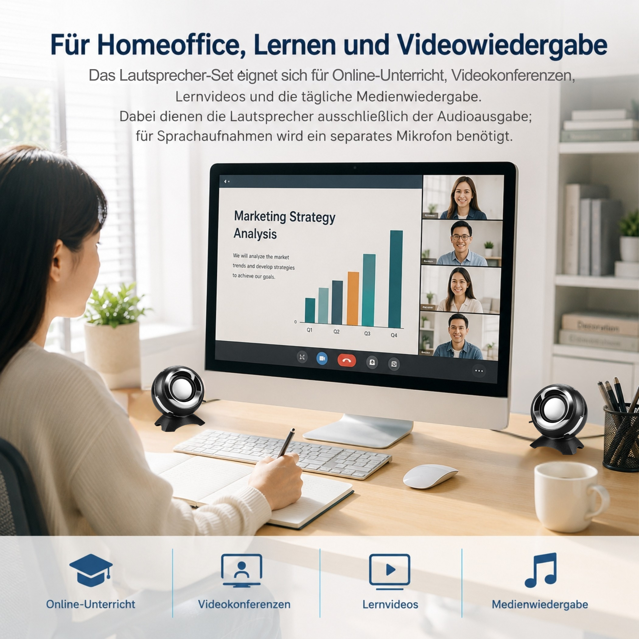 Frau sitzt im Homeoffice vor Computer bei Videokonferenz, umrahmt von Text und Lautsprechern.