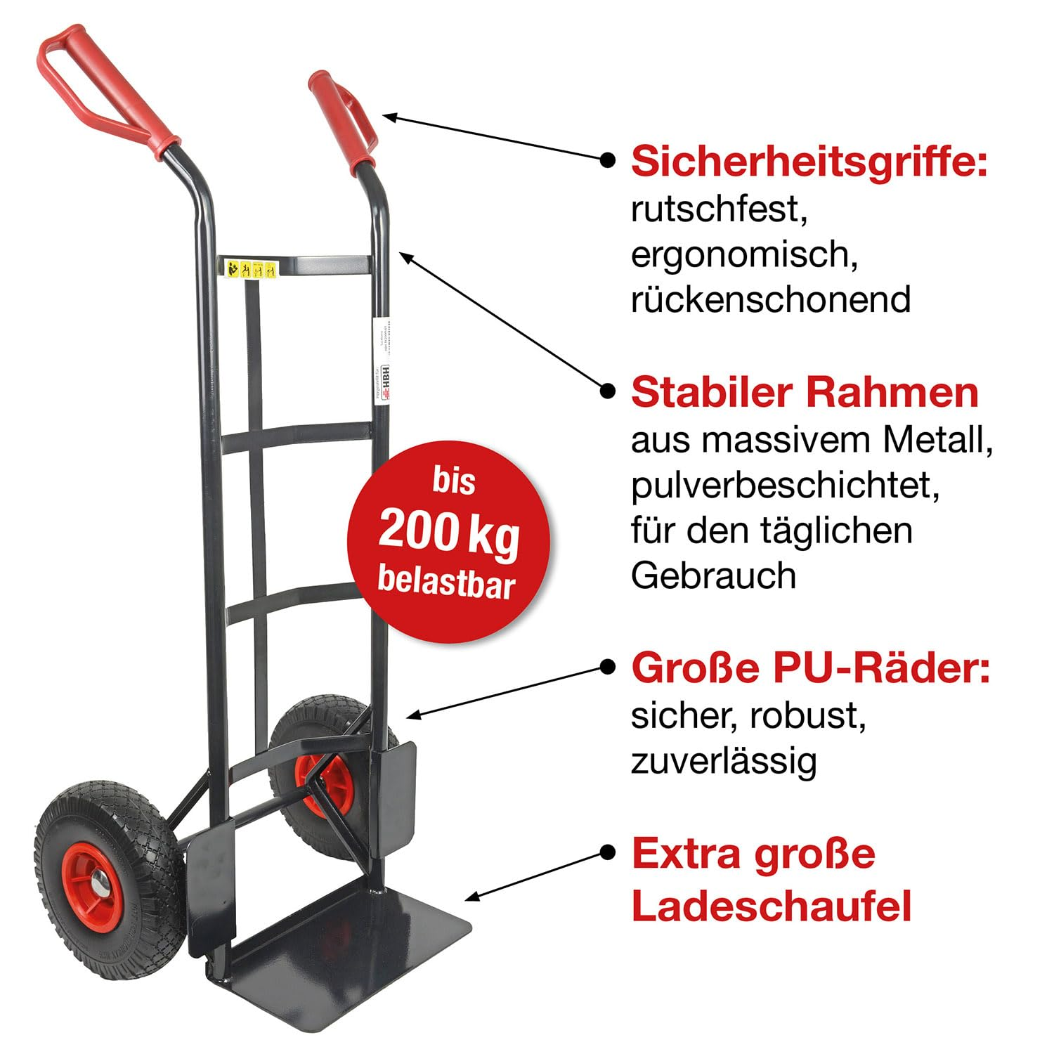 Eine schwarze Sackkarre mit roten Rädern und Griffen sowie Textbeschreibungen ihrer Merkmale.