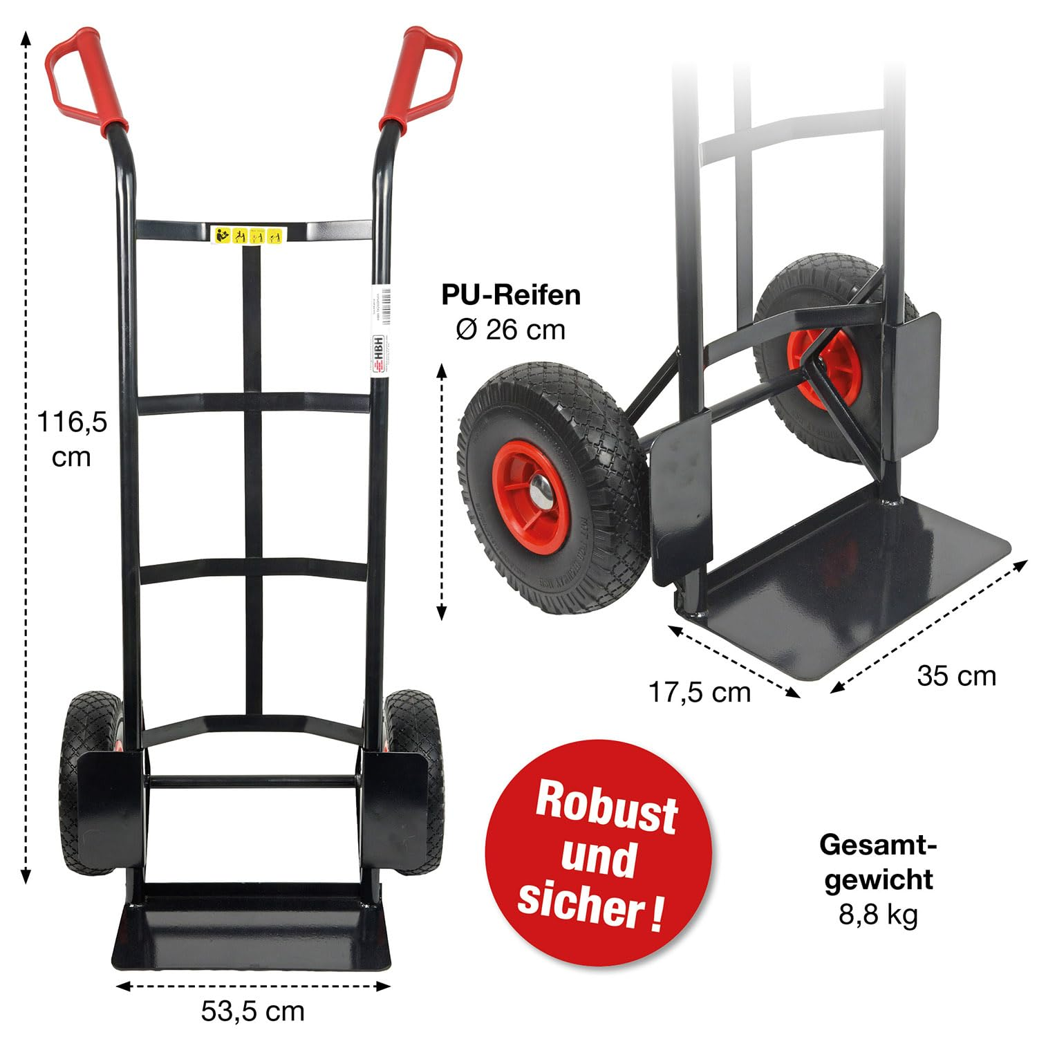 Schwarze Sackkarre mit roten Griffen, PU-Reifen und Maßangaben auf weißem Hintergrund.